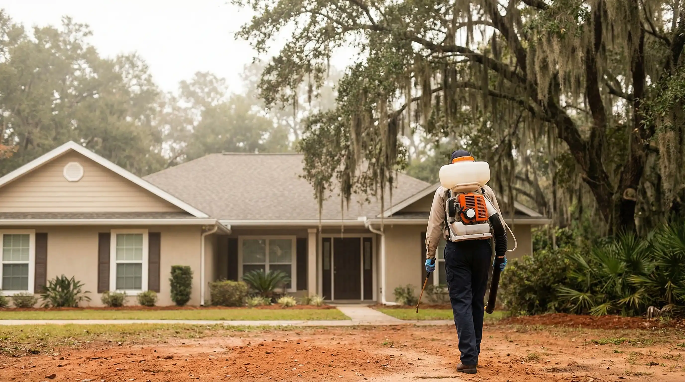 Pest control technician treating a Tallahassee residential home exterior with canopy oaks in background