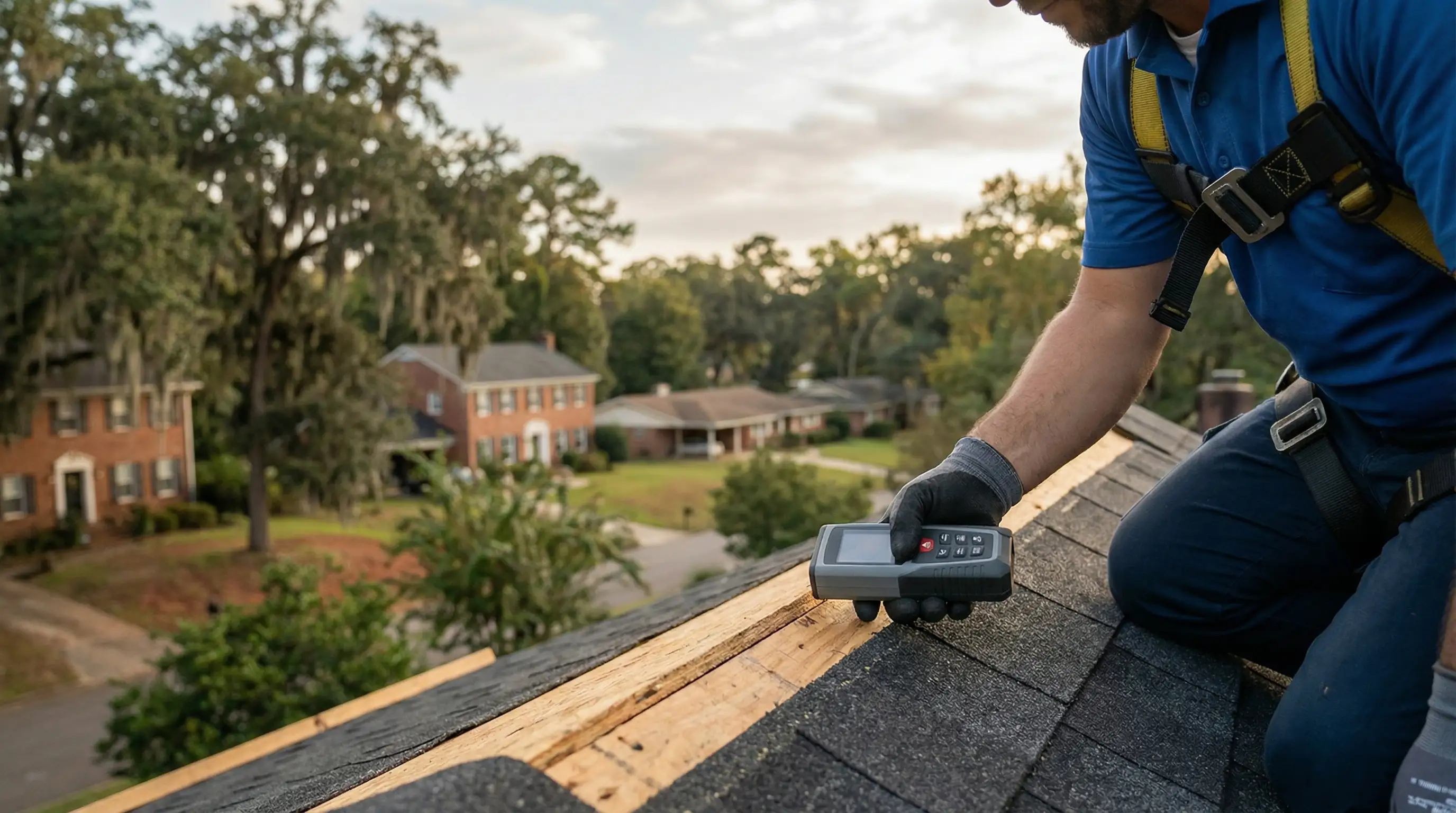 Roofing contractor on a residential roof in Tallahassee FL with live oak canopy visible in background