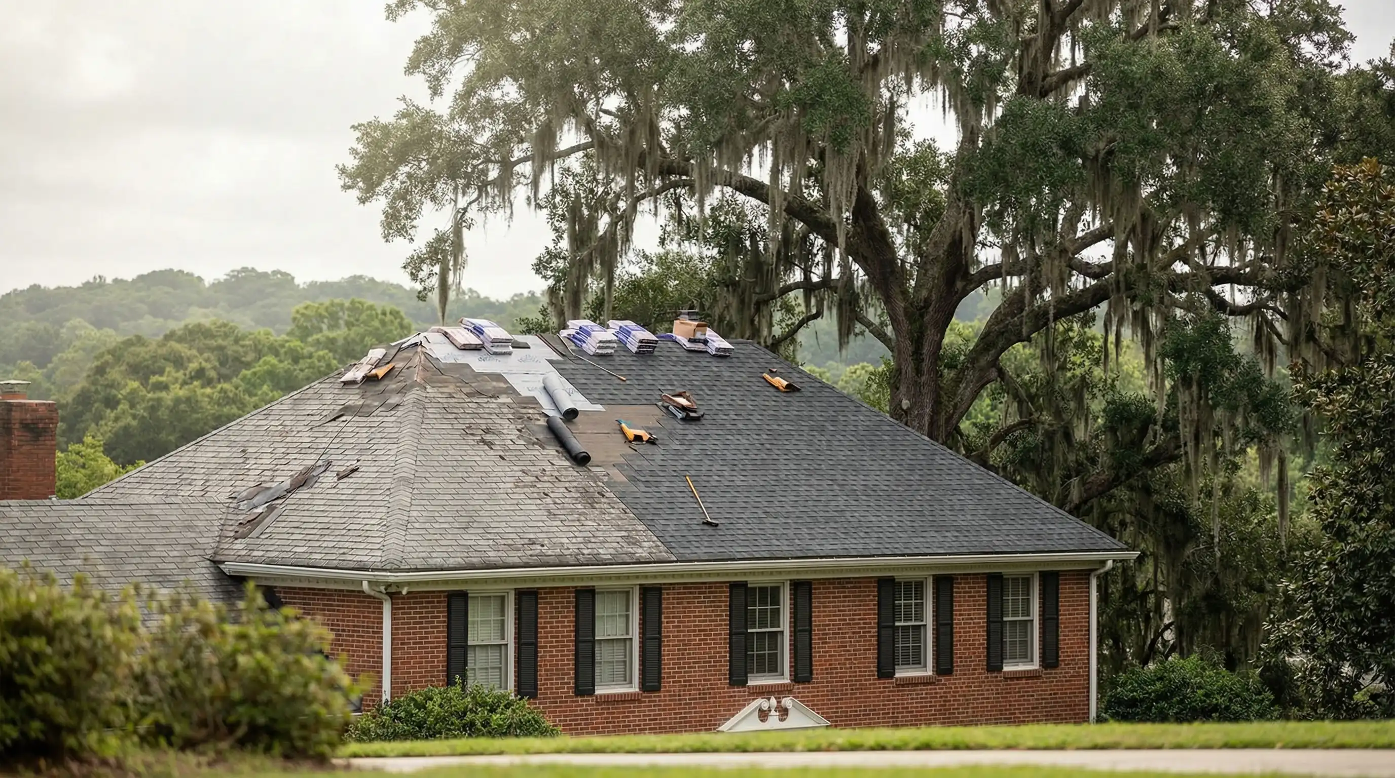 Roofing contractor on a residential roof in Tallahassee FL with live oak canopy visible in background