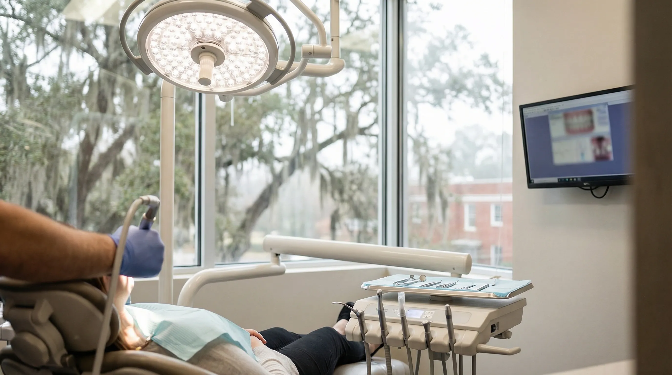 Professional dental operatory in a Tallahassee dental practice with modern equipment and warm natural lighting