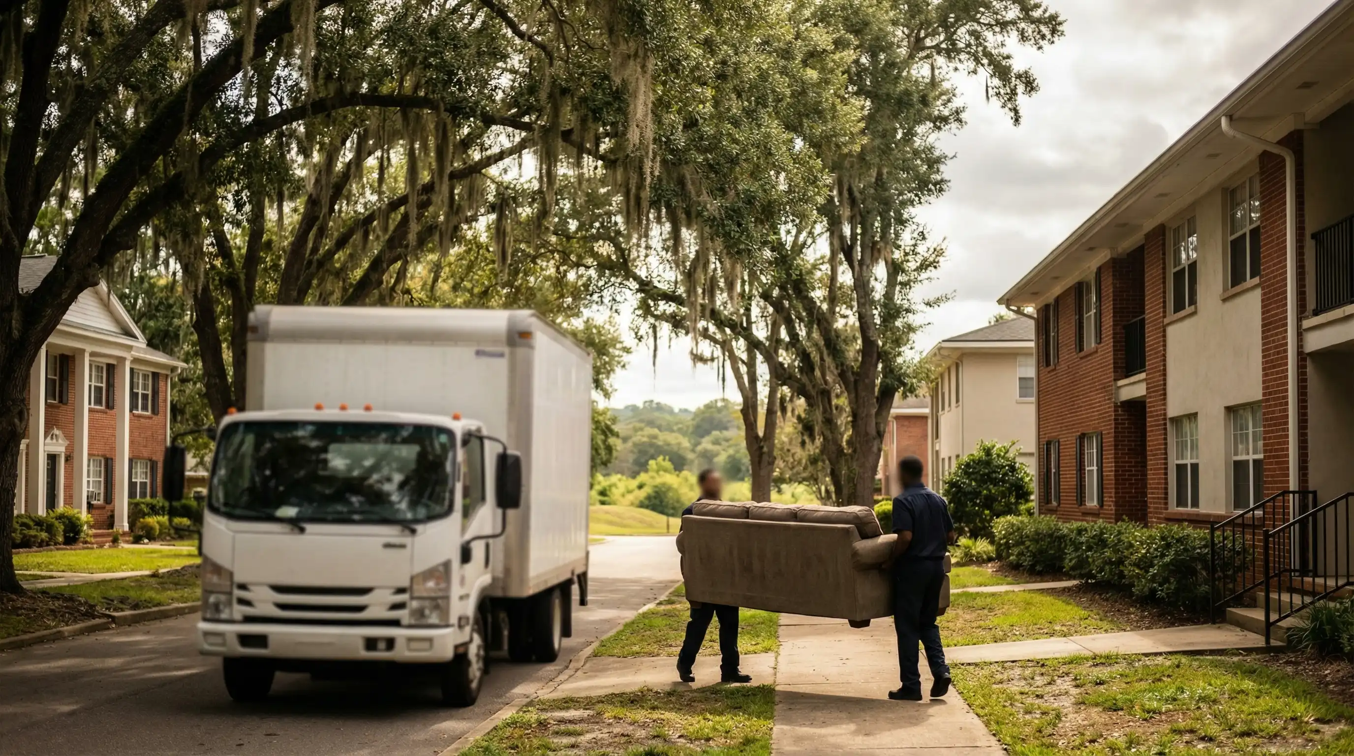 Professional moving team loading furniture into a truck on a Tallahassee residential street with live oak trees