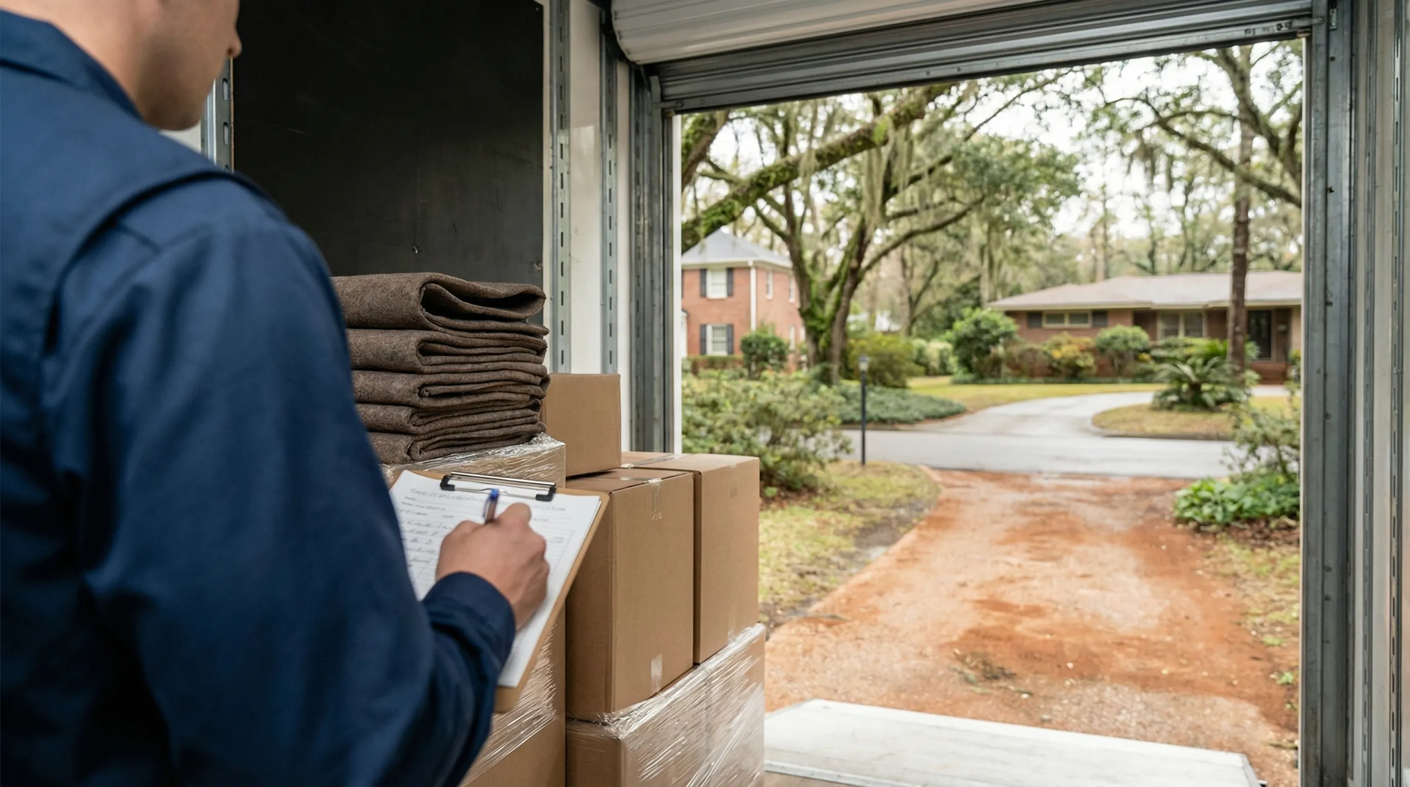 Professional moving team loading furniture into a truck on a Tallahassee residential street with live oak trees