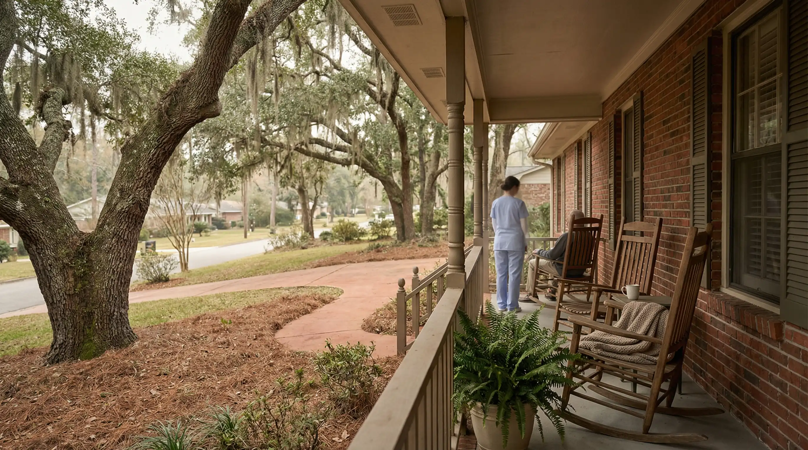 Professional home care aide assisting an elderly client at a comfortable Tallahassee residential home with warm natural lighting
