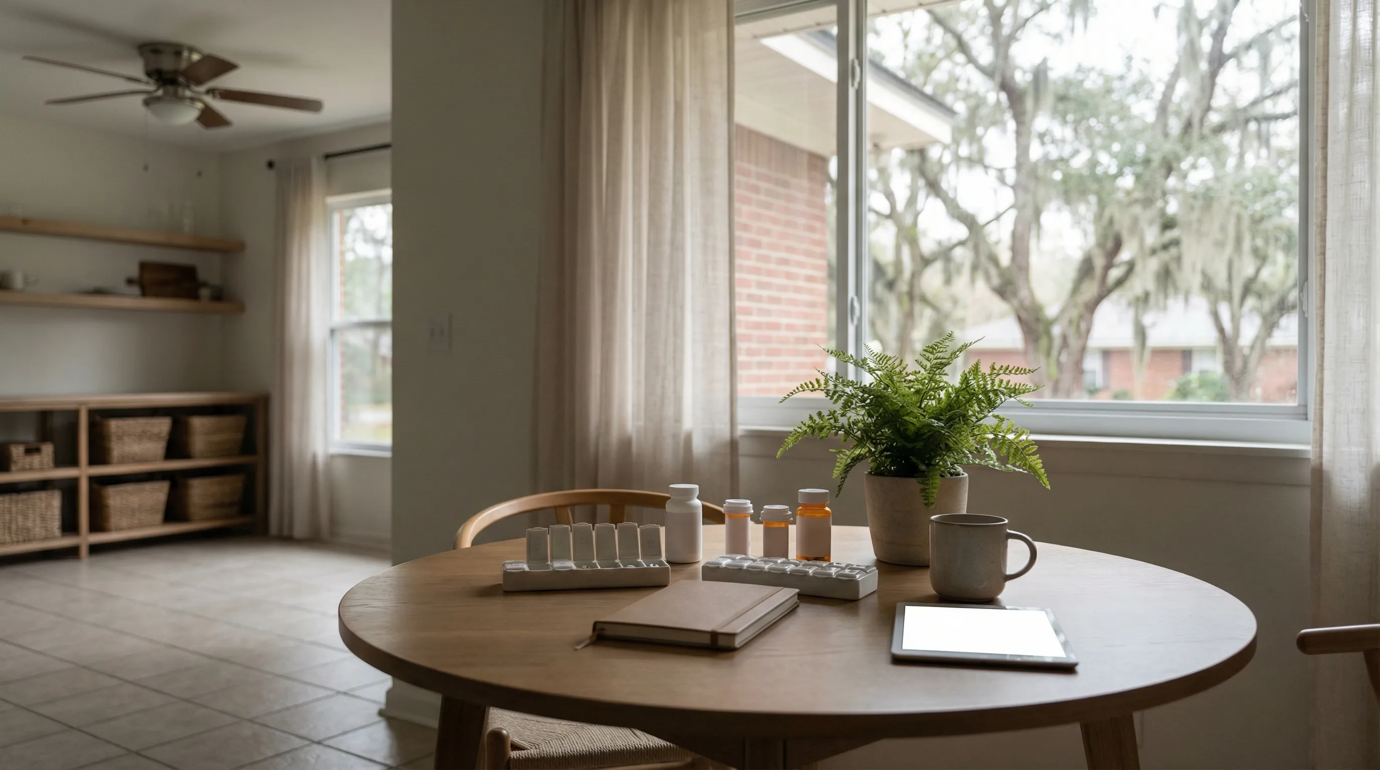 Professional home care aide assisting an elderly client at a comfortable Tallahassee residential home with warm natural lighting