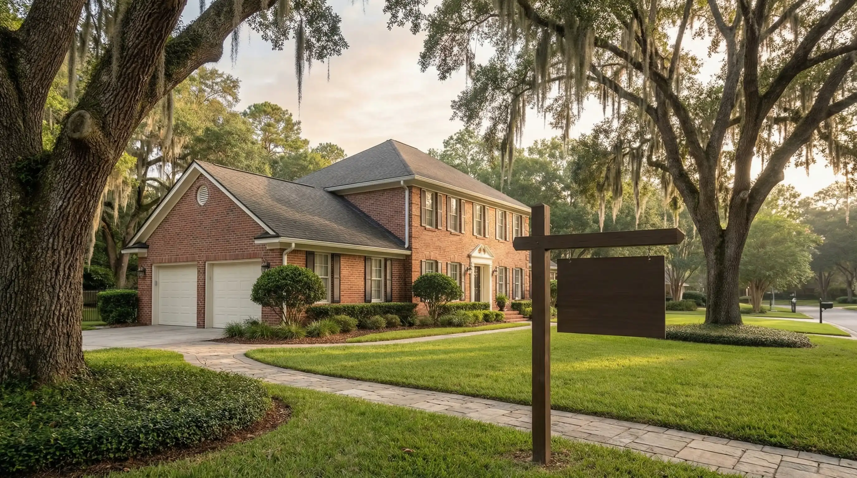 Real estate agent showing a young professional couple a well-maintained home in a Tallahassee suburban neighborhood with mature live oak trees