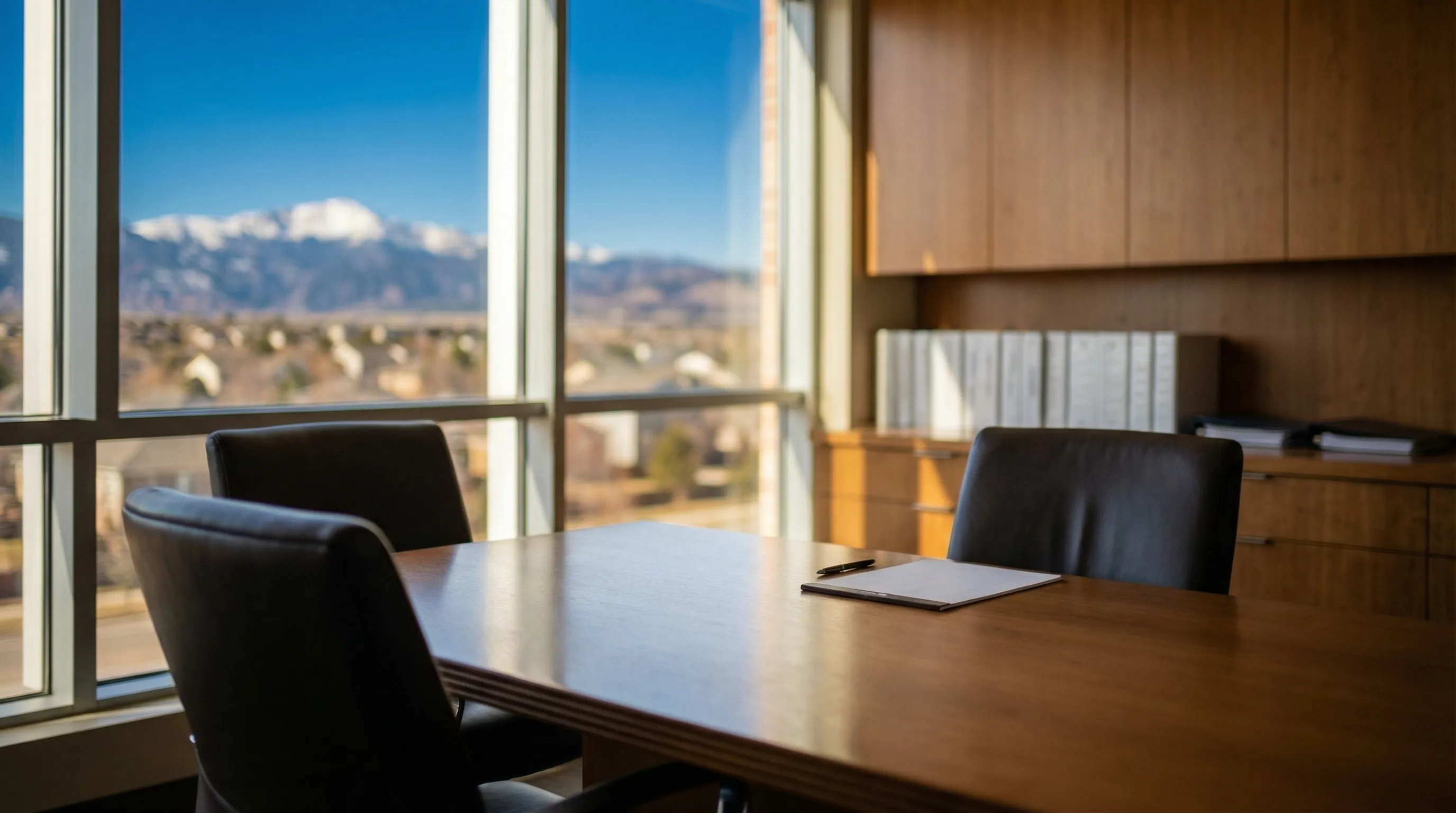 Professional Fort Collins law office conference room with Rocky Mountain foothills visible through windows, conveying local legal expertise and Larimer County presence