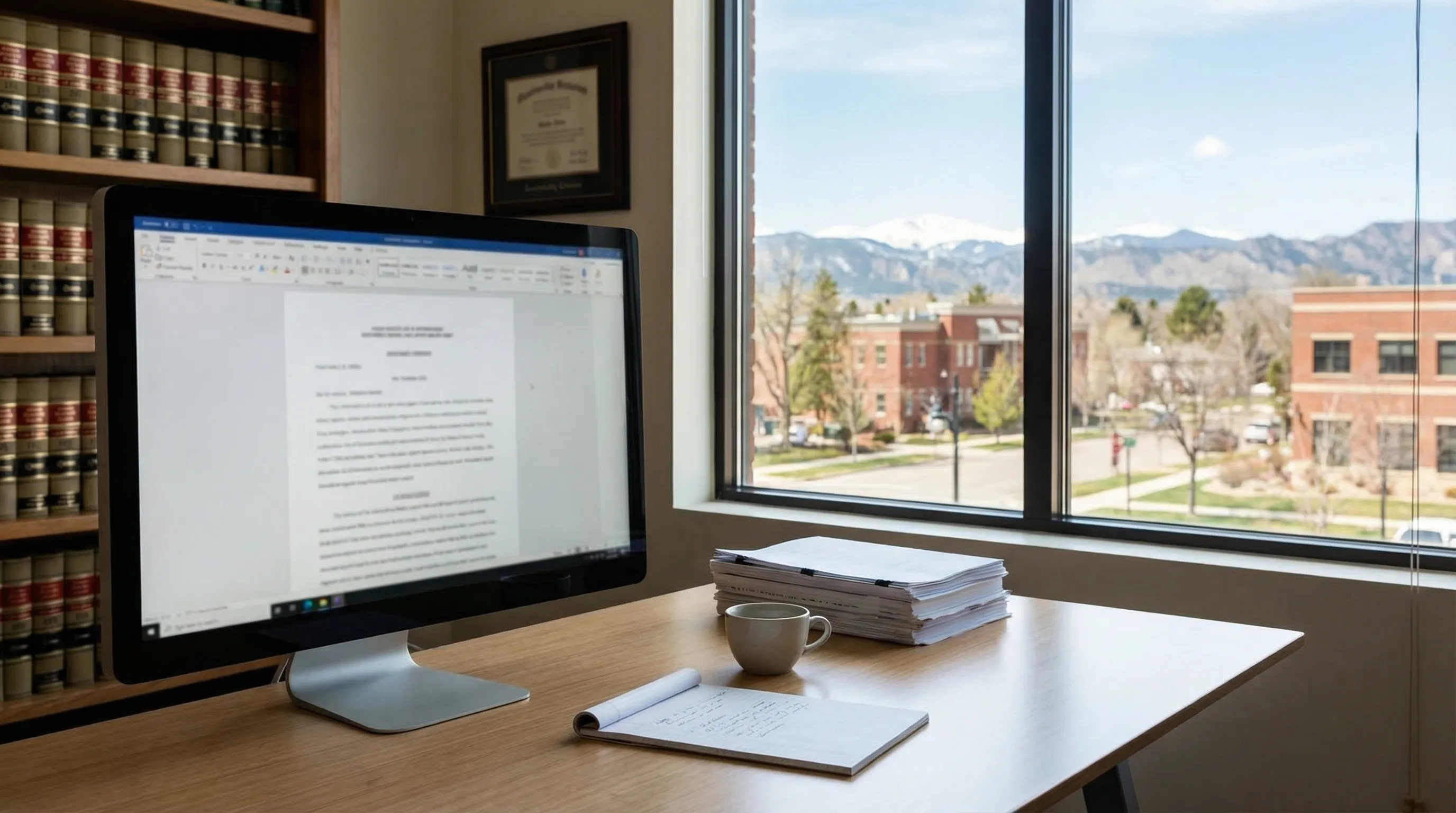 Professional Fort Collins law office conference room with Rocky Mountain foothills visible through windows, conveying local legal expertise and Larimer County presence