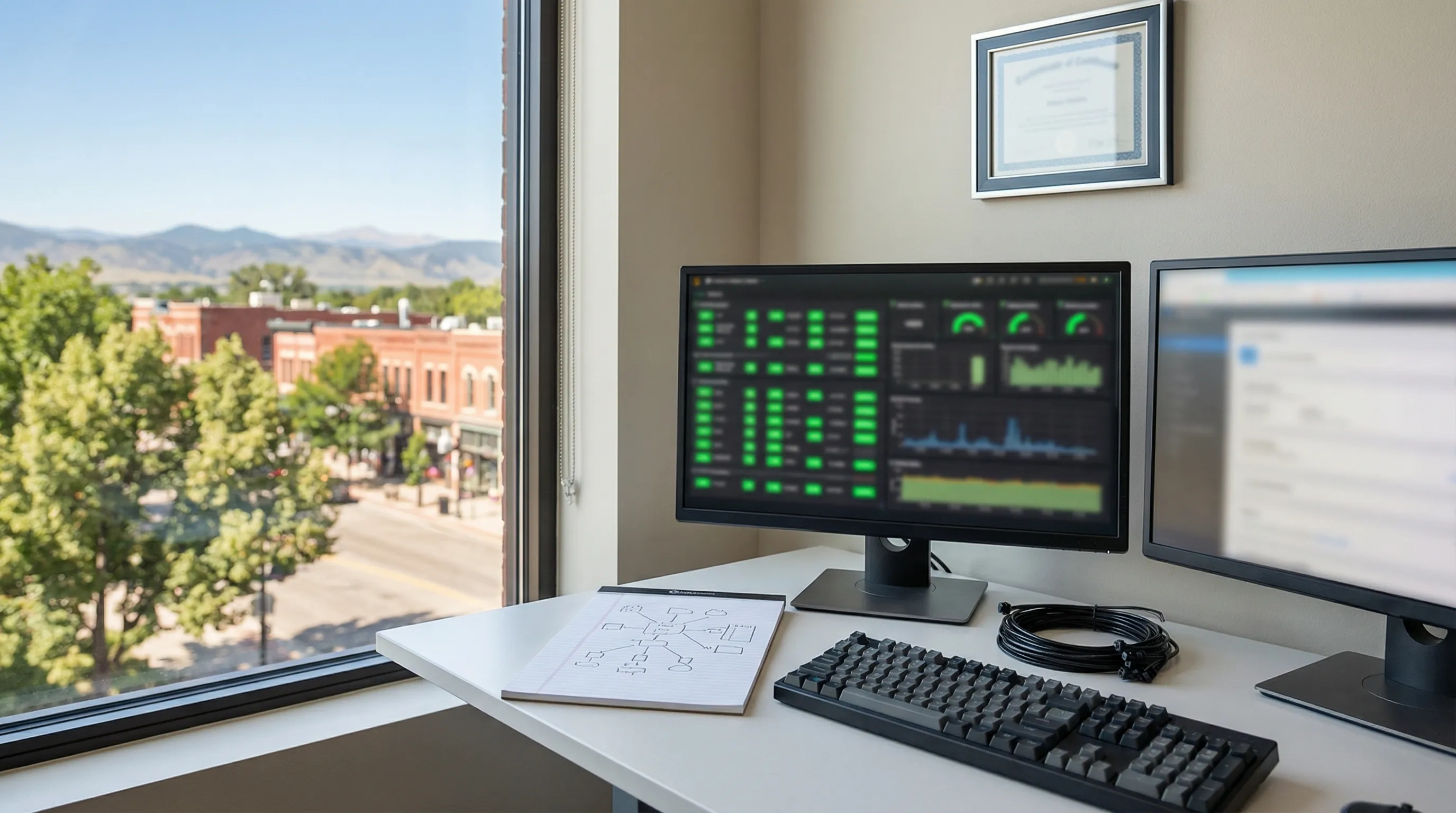Modern Fort Collins IT services network operations room with server racks and cybersecurity monitoring screens, Rocky Mountain foothills visible through glass partition