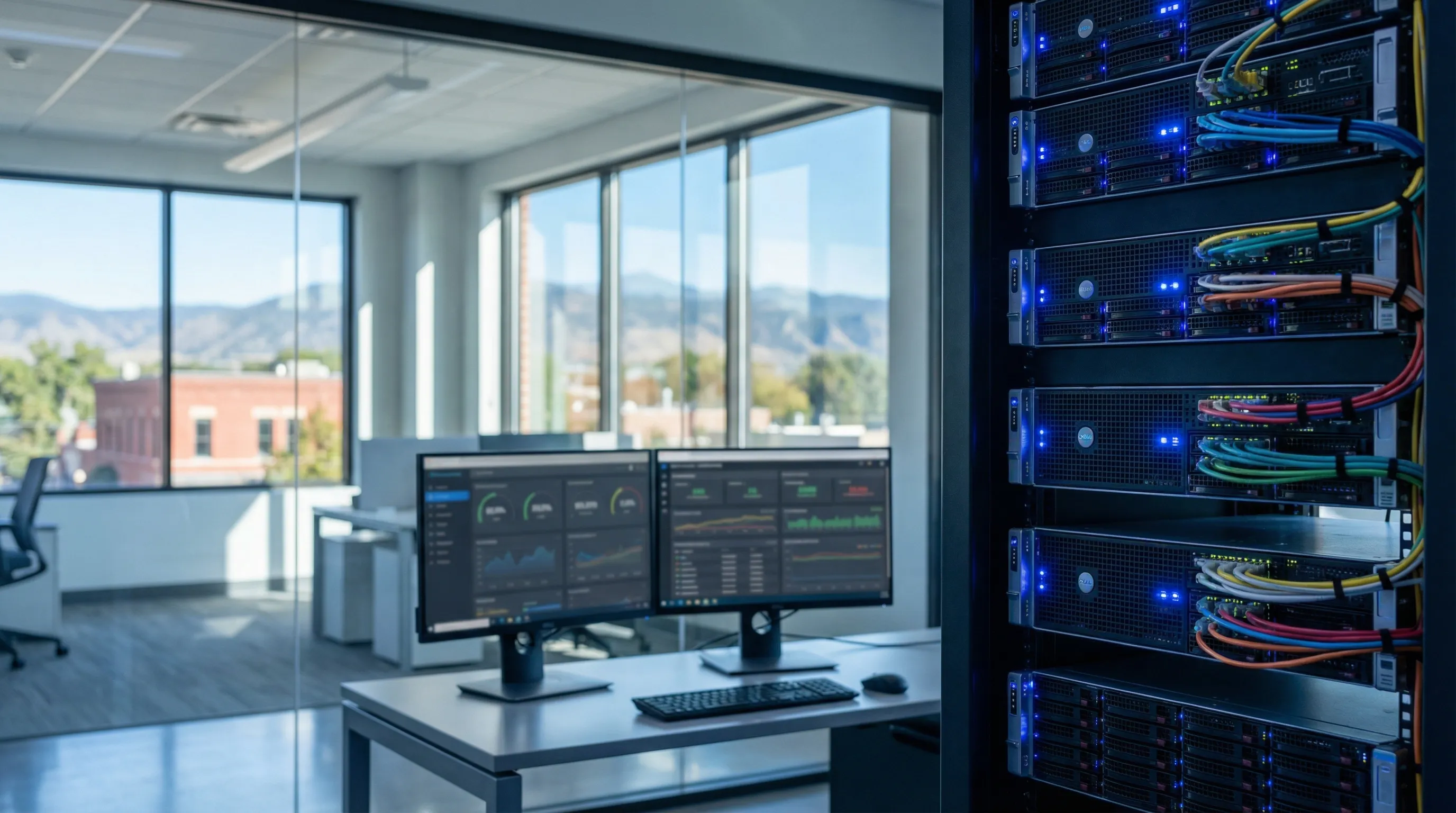 Modern Fort Collins IT services network operations room with server racks and cybersecurity monitoring screens, Rocky Mountain foothills visible through glass partition