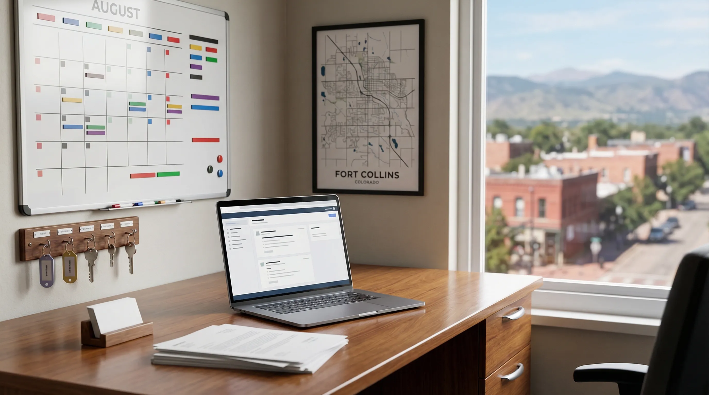 Professional moving van on a Fort Collins residential street with Rocky Mountain foothills visible, organized moving equipment and wrapped furniture showing local expertise