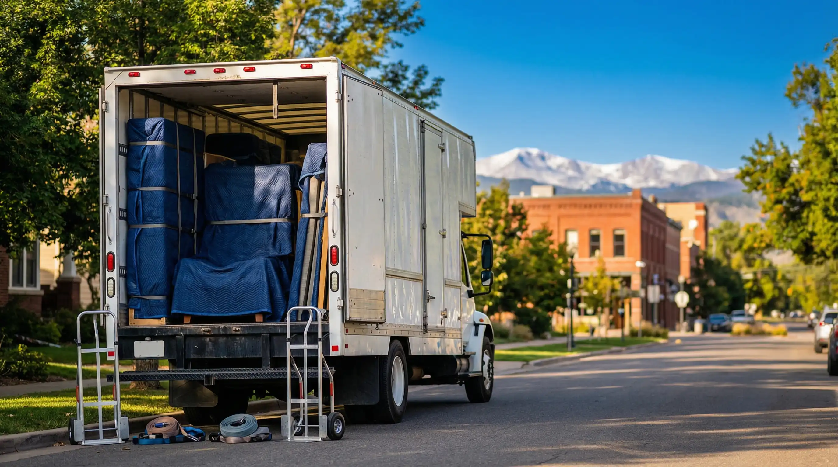 Professional moving van on a Fort Collins residential street with Rocky Mountain foothills visible, organized moving equipment and wrapped furniture showing local expertise