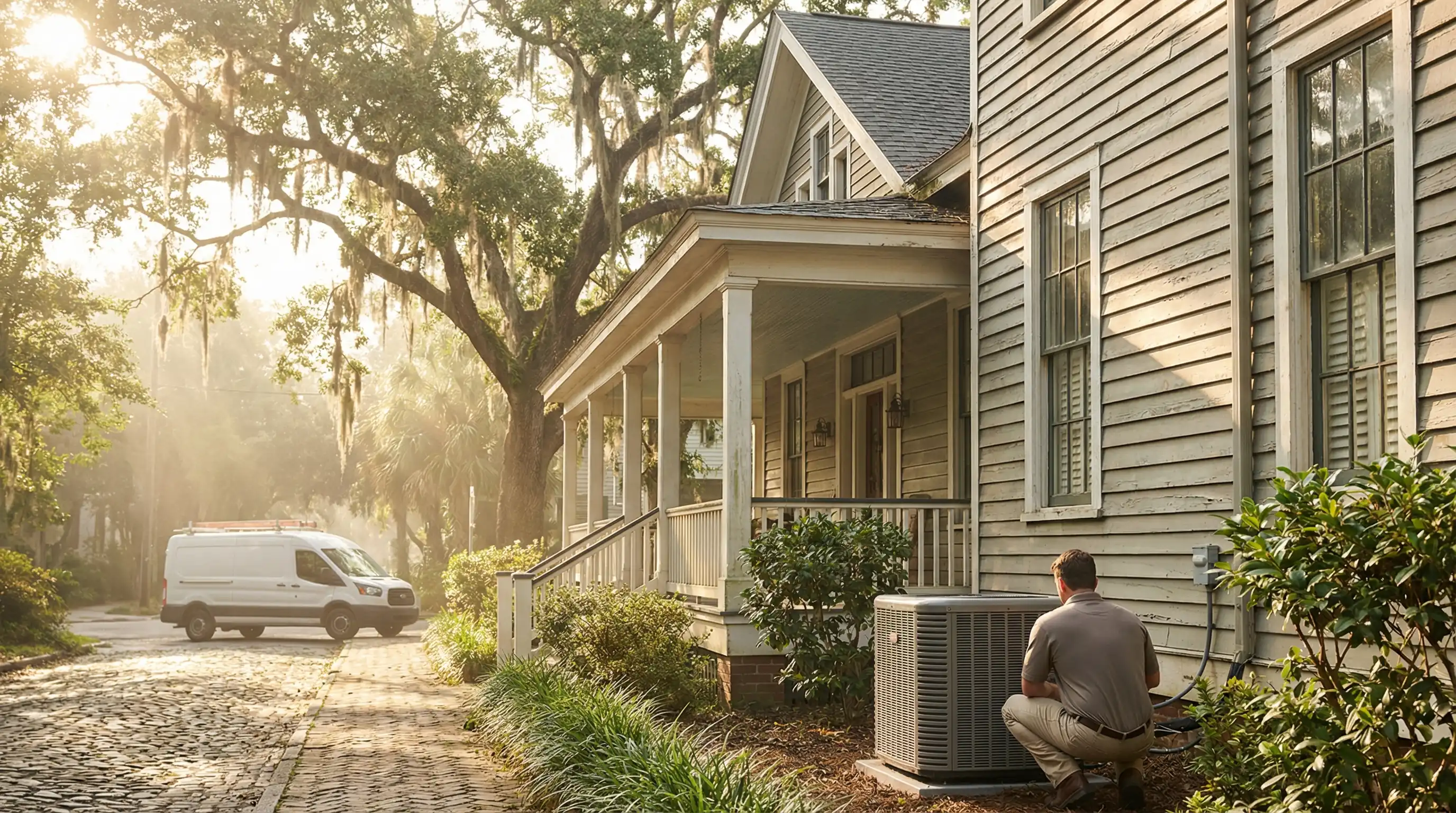 Professional HVAC technician servicing a condenser unit outside a historic Savannah home, with Spanish moss-draped oaks and brick streetscape in background