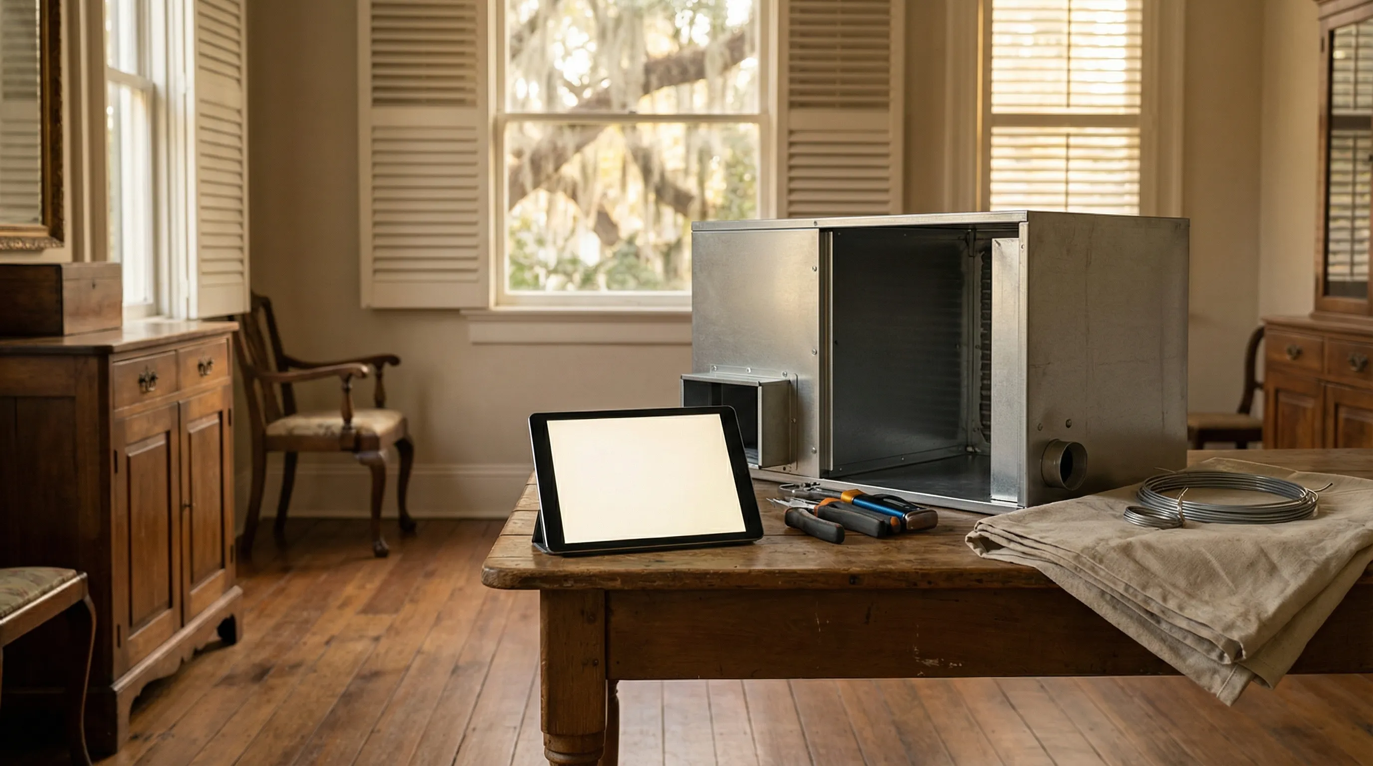 Professional HVAC technician servicing a condenser unit outside a historic Savannah home, with Spanish moss-draped oaks and brick streetscape in background