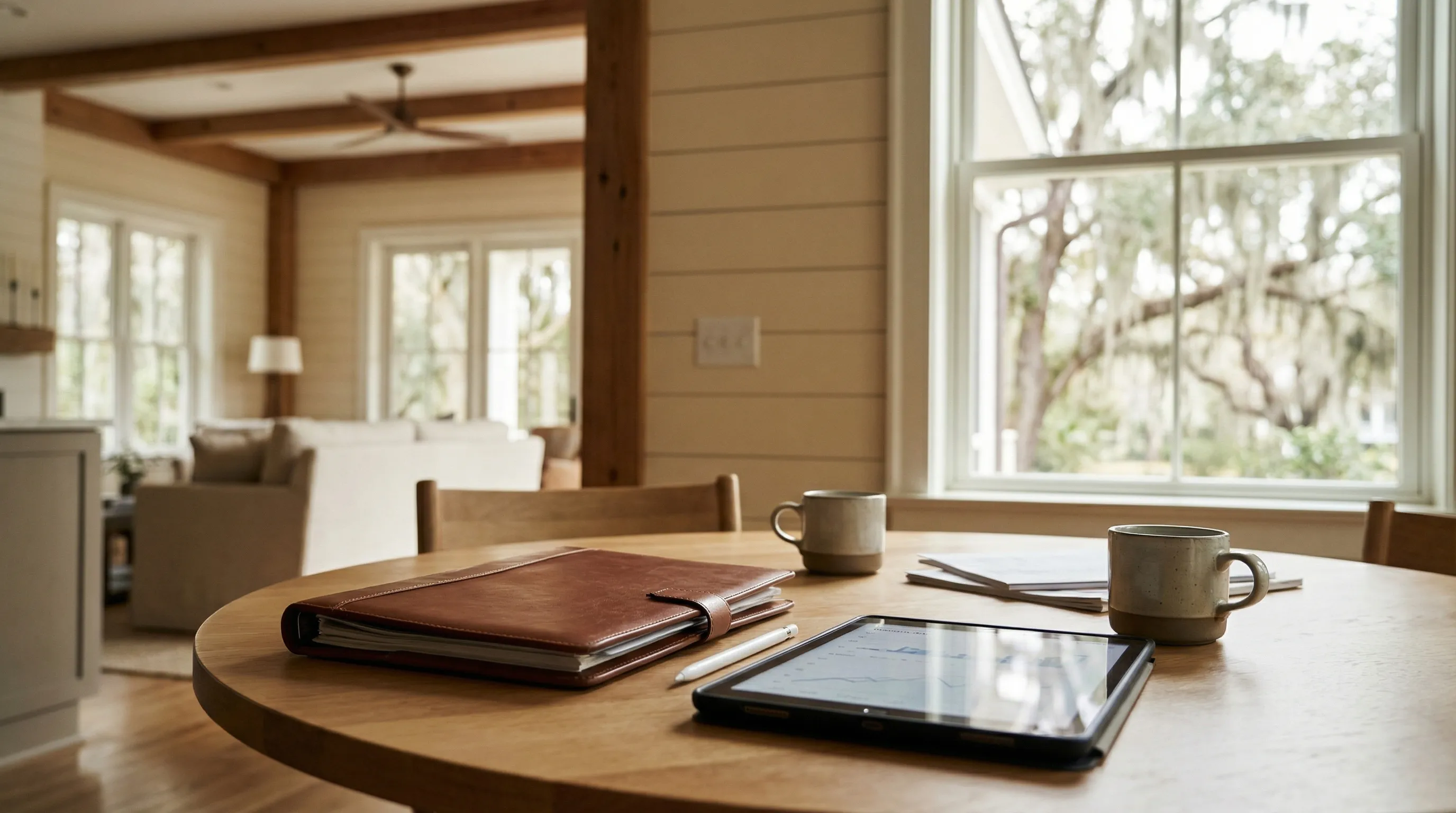 Roofing contractor in branded safety gear inspecting a historic Savannah home roof with Spanish moss oaks and cobblestone street visible below