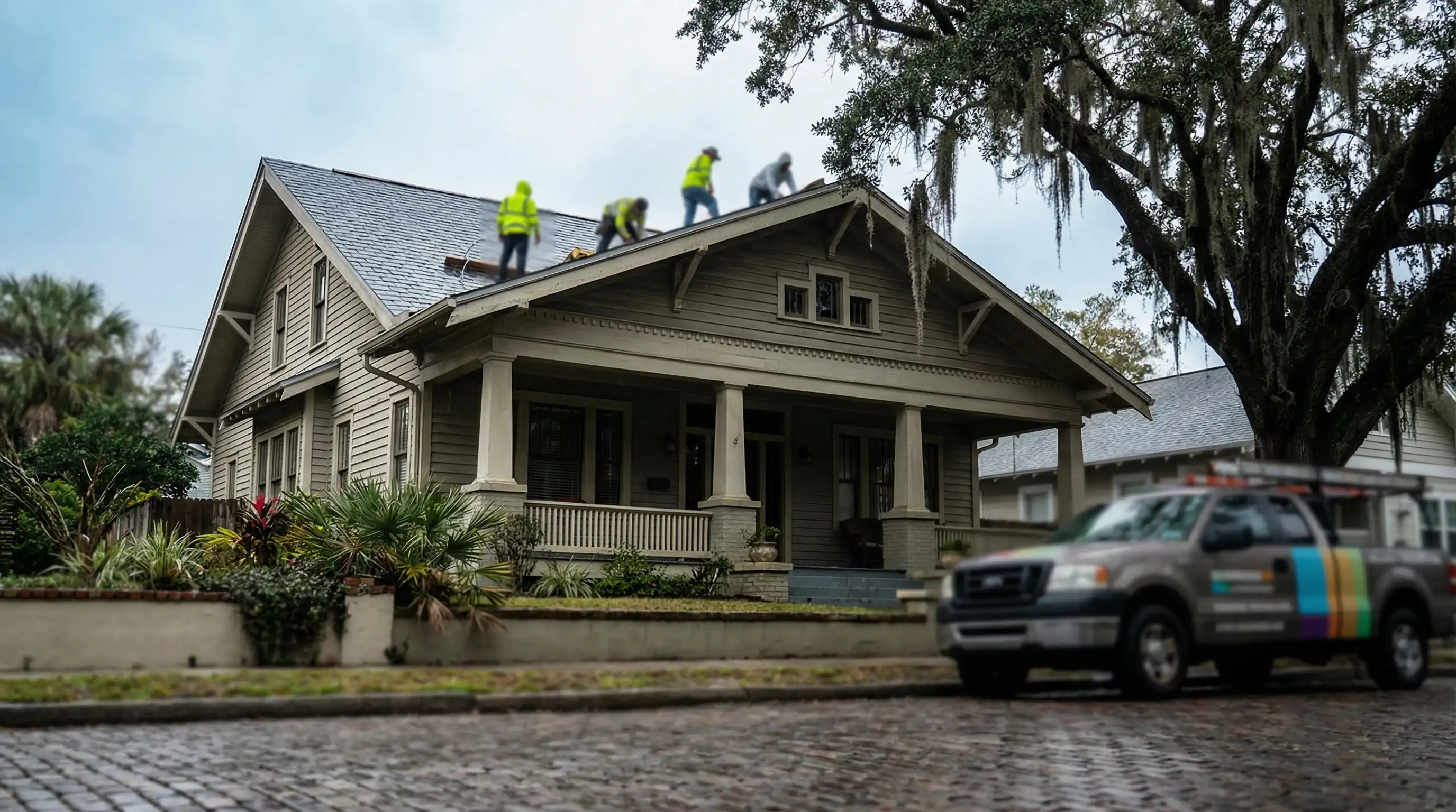 Roofing contractor in branded safety gear inspecting a historic Savannah home roof with Spanish moss oaks and cobblestone street visible below