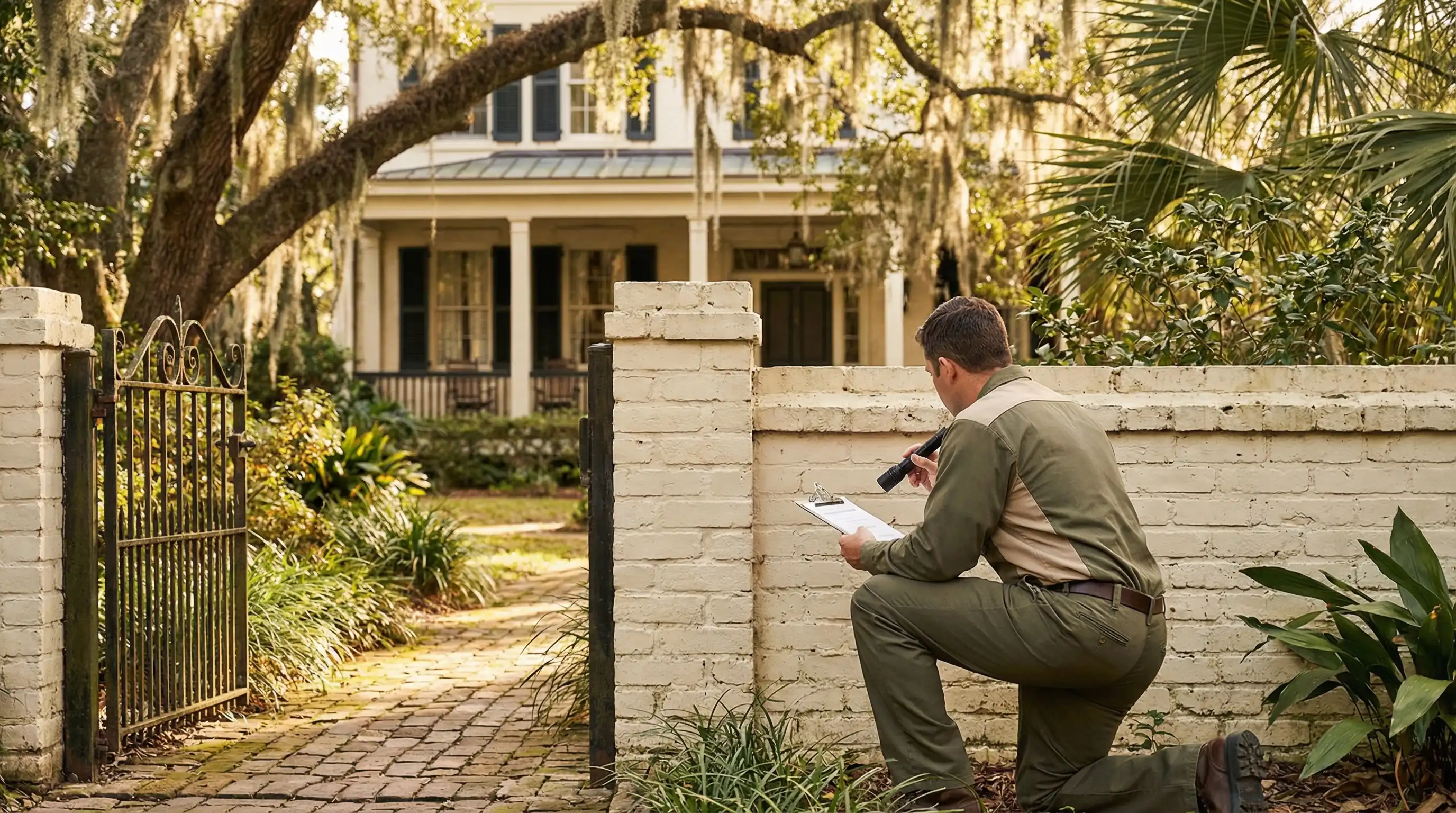 Uniformed pest control technician inspecting the foundation perimeter of a historic Savannah home with Spanish moss oaks and wrought-iron gate in the background