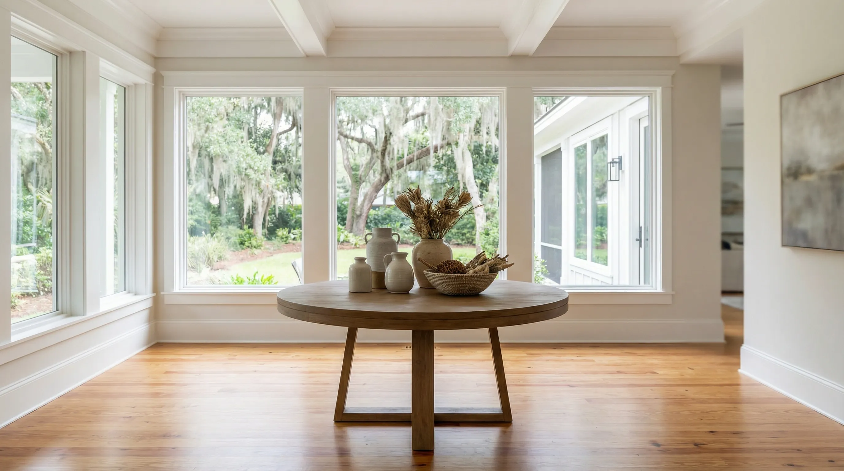 Real estate agent in professional attire standing with a sold sign outside a beautifully maintained historic Savannah home with Spanish moss-draped oak and ironwork fence on a brick sidewalk