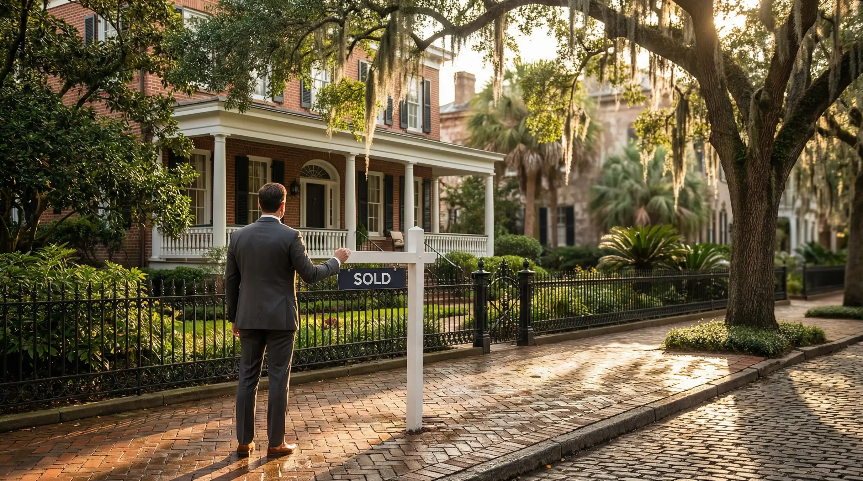 Real estate agent in professional attire standing with a sold sign outside a beautifully maintained historic Savannah home with Spanish moss-draped oak and ironwork fence on a brick sidewalk