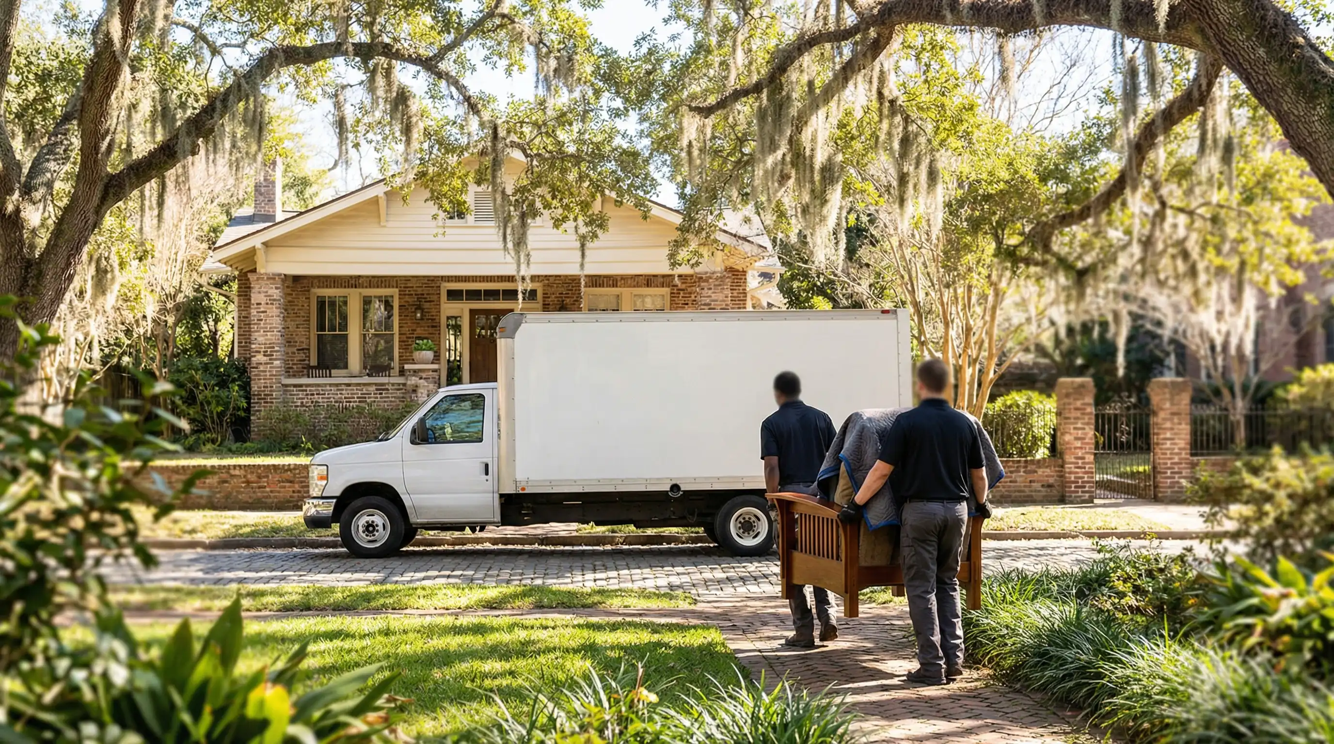 Professional moving crew loading furniture outside a Savannah GA residential home with Spanish moss oak trees in background
