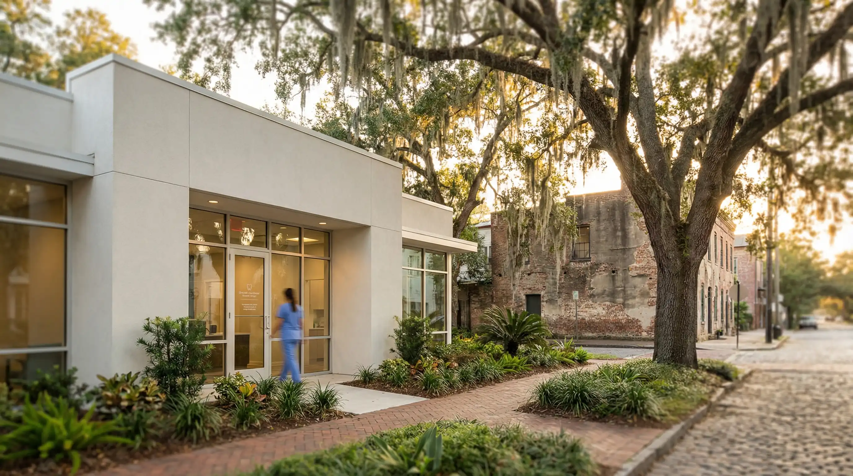 Modern dental office consultation room with dentist and patient in Savannah, GA, communicating patient-centered care