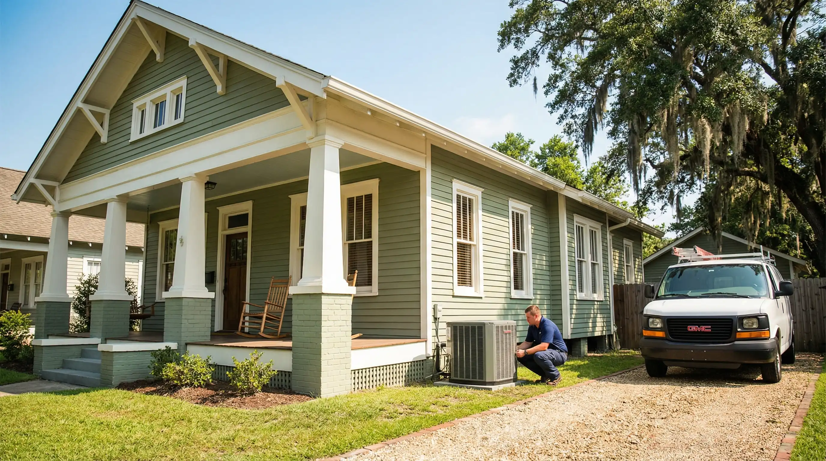 Professional HVAC technician servicing an air conditioning unit outside a Mobile, AL home on a bright Gulf Coast summer morning