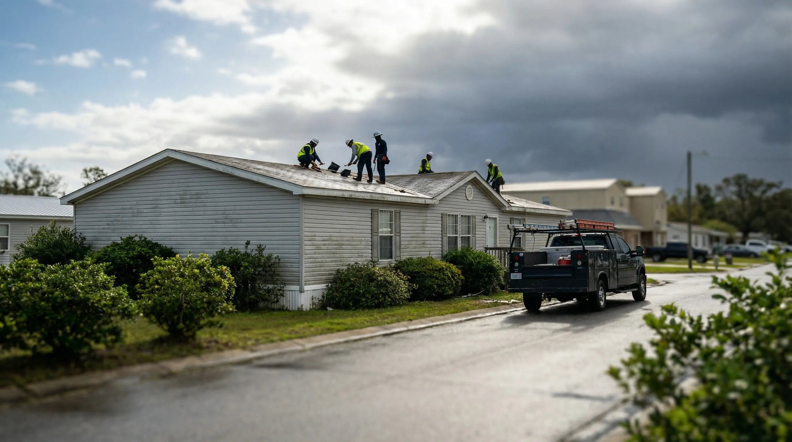 Professional roofing crew inspecting a storm-damaged roof on a Mobile, AL home after a Gulf Coast weather event