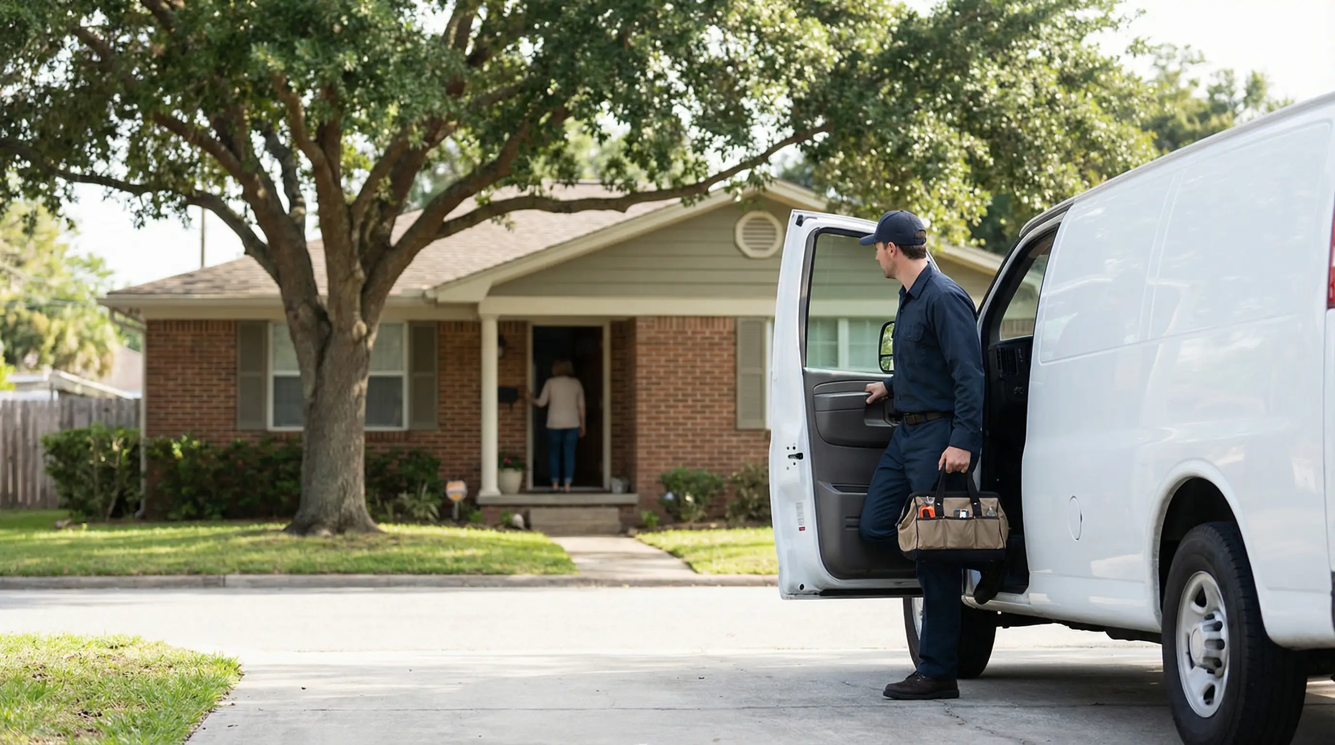Licensed plumber servicing a water heater in a Mobile, AL home — professional uniform, Gulf Coast residential interior