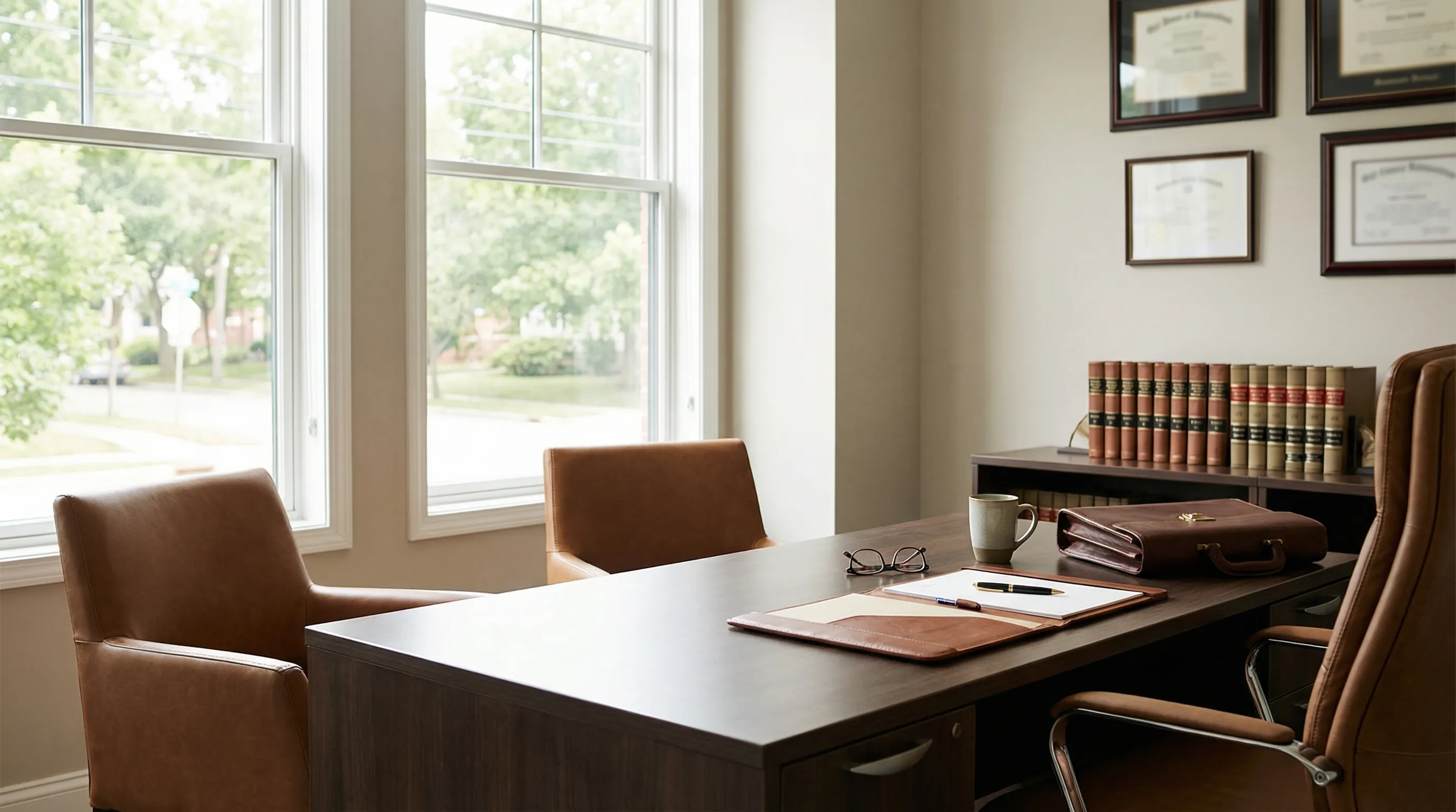 Professional attorney in a Mobile, AL law office — brick building exterior, Downtown Mobile setting, legal consultation in progress