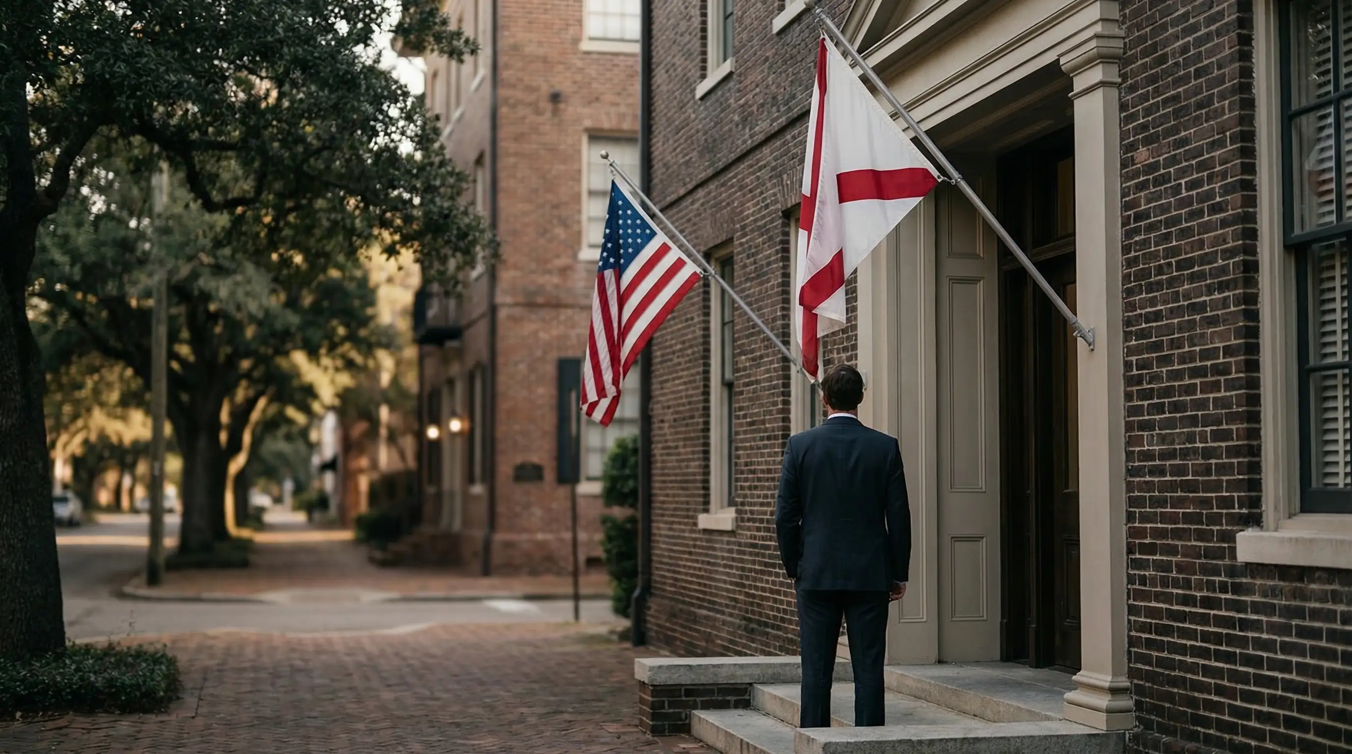 Professional attorney in a Mobile, AL law office — brick building exterior, Downtown Mobile setting, legal consultation in progress