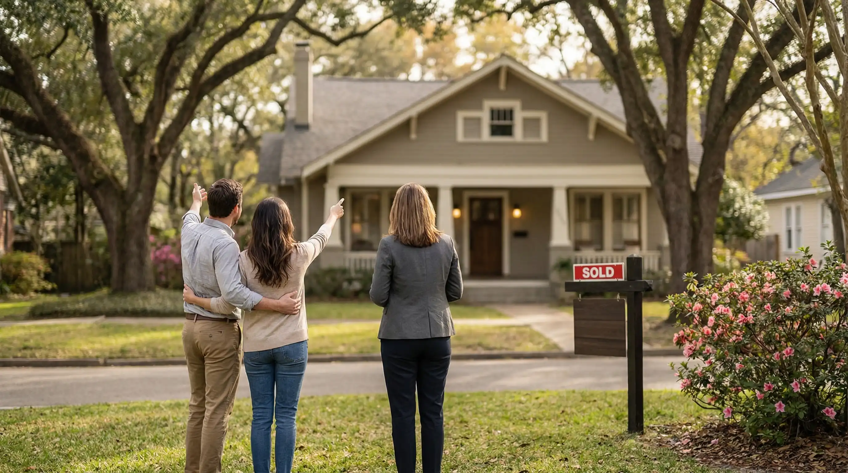 Real estate agent reviewing home listings with clients in a Mobile, AL neighborhood with Gulf Coast live oak trees