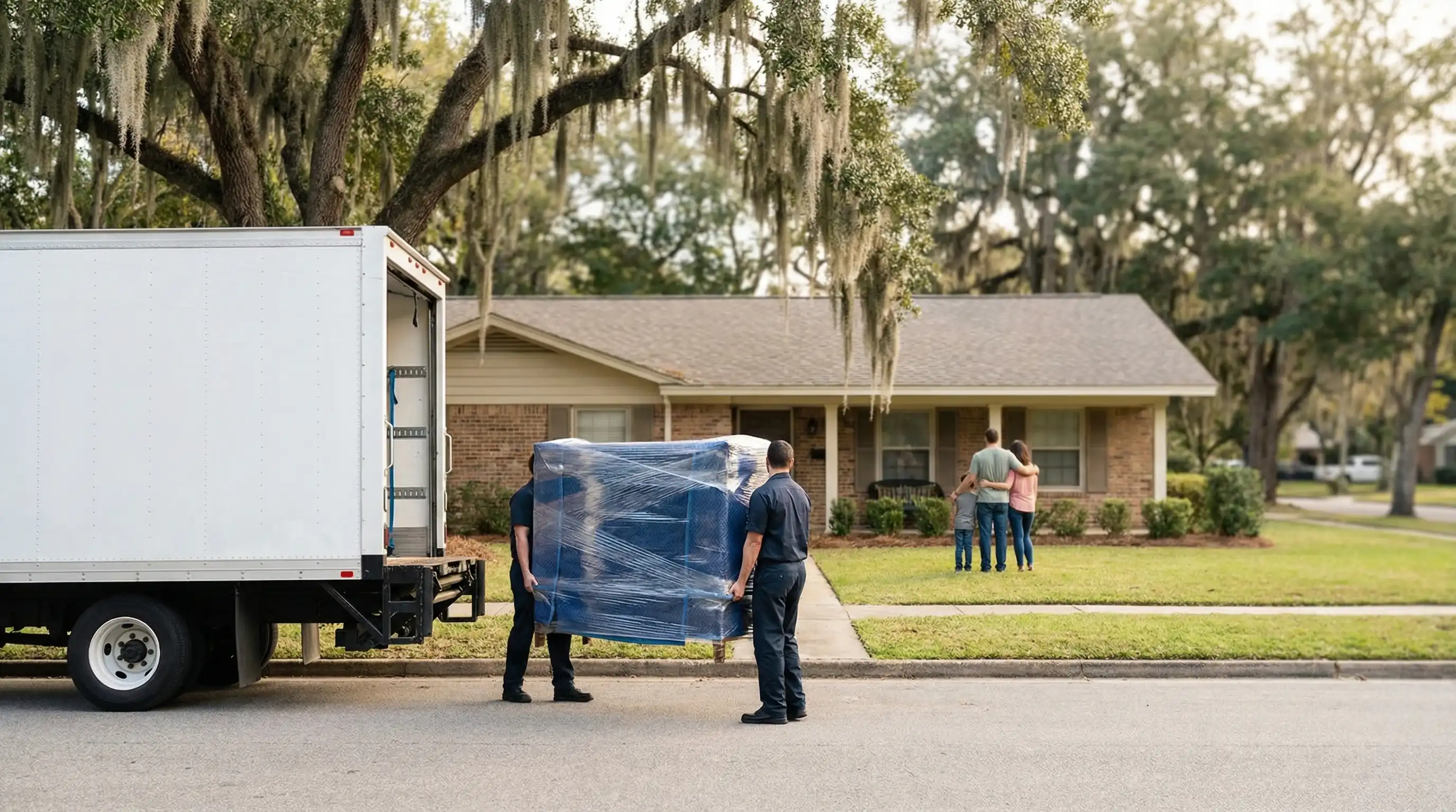 Professional moving crew carefully loading furniture into a branded truck on a Mobile, AL tree-lined residential street