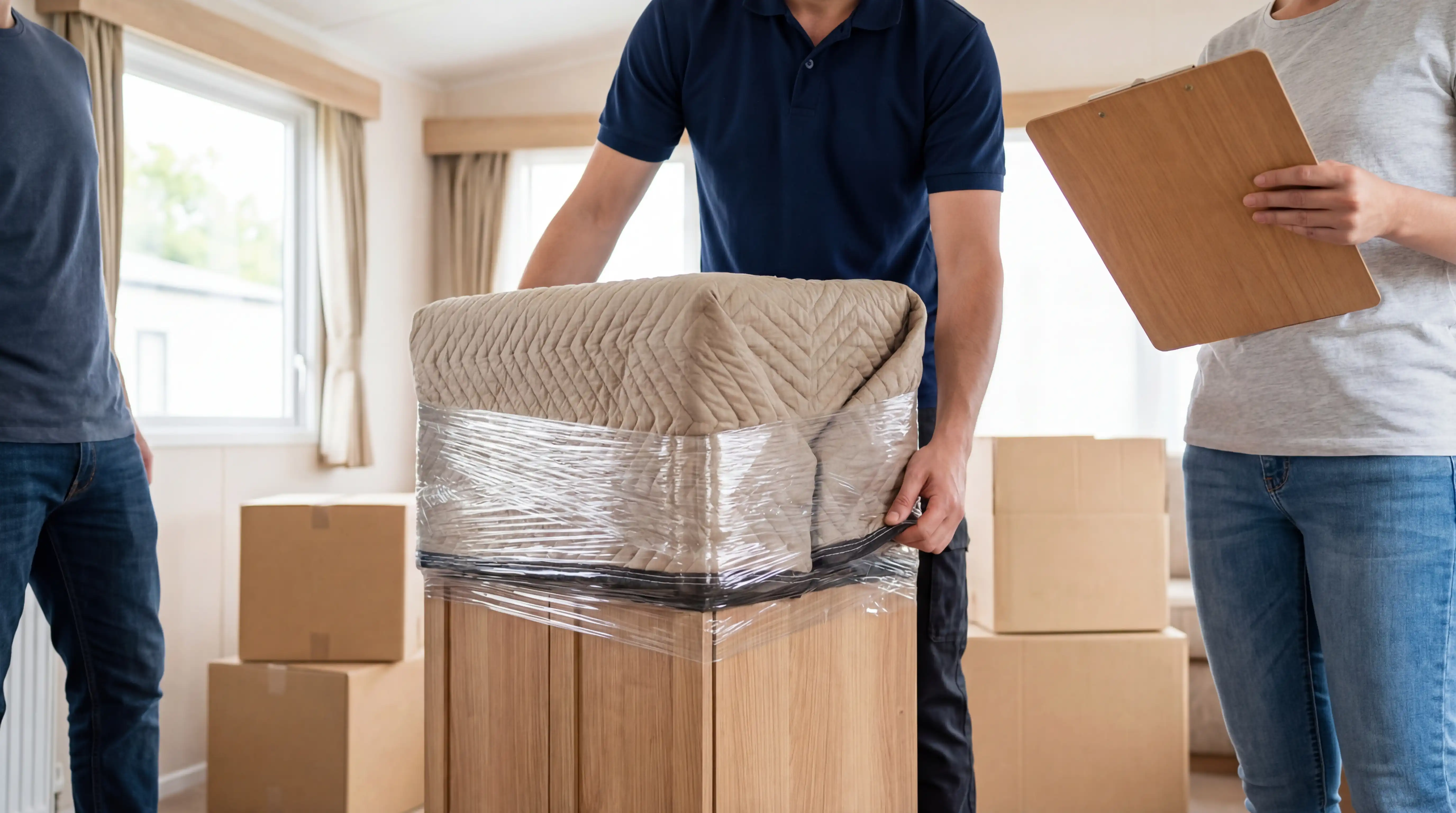 Professional moving crew carefully loading furniture into a branded truck on a Mobile, AL tree-lined residential street