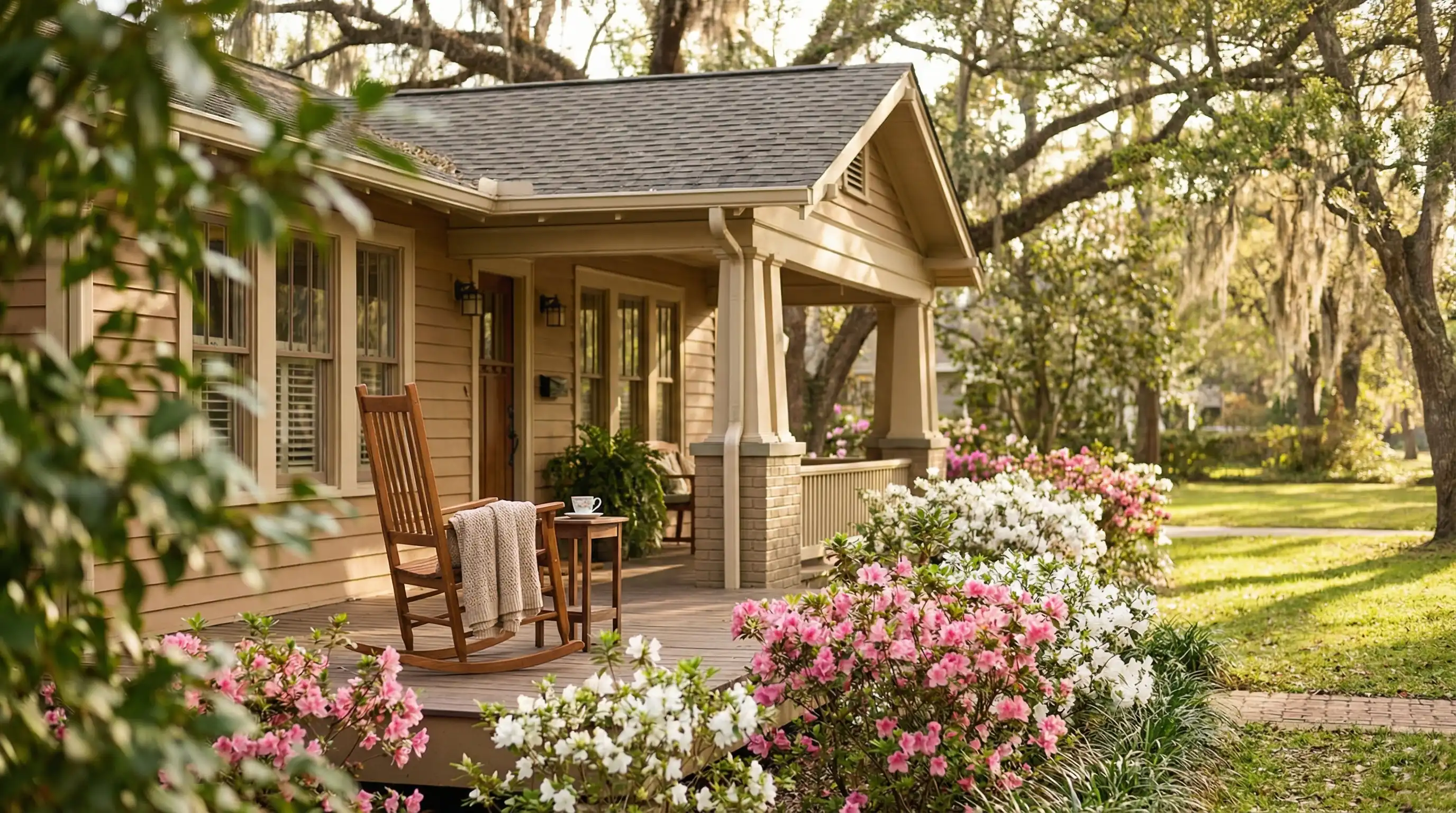 Compassionate home caregiver sitting beside an elderly Mobile, AL resident on a warm Southern front porch