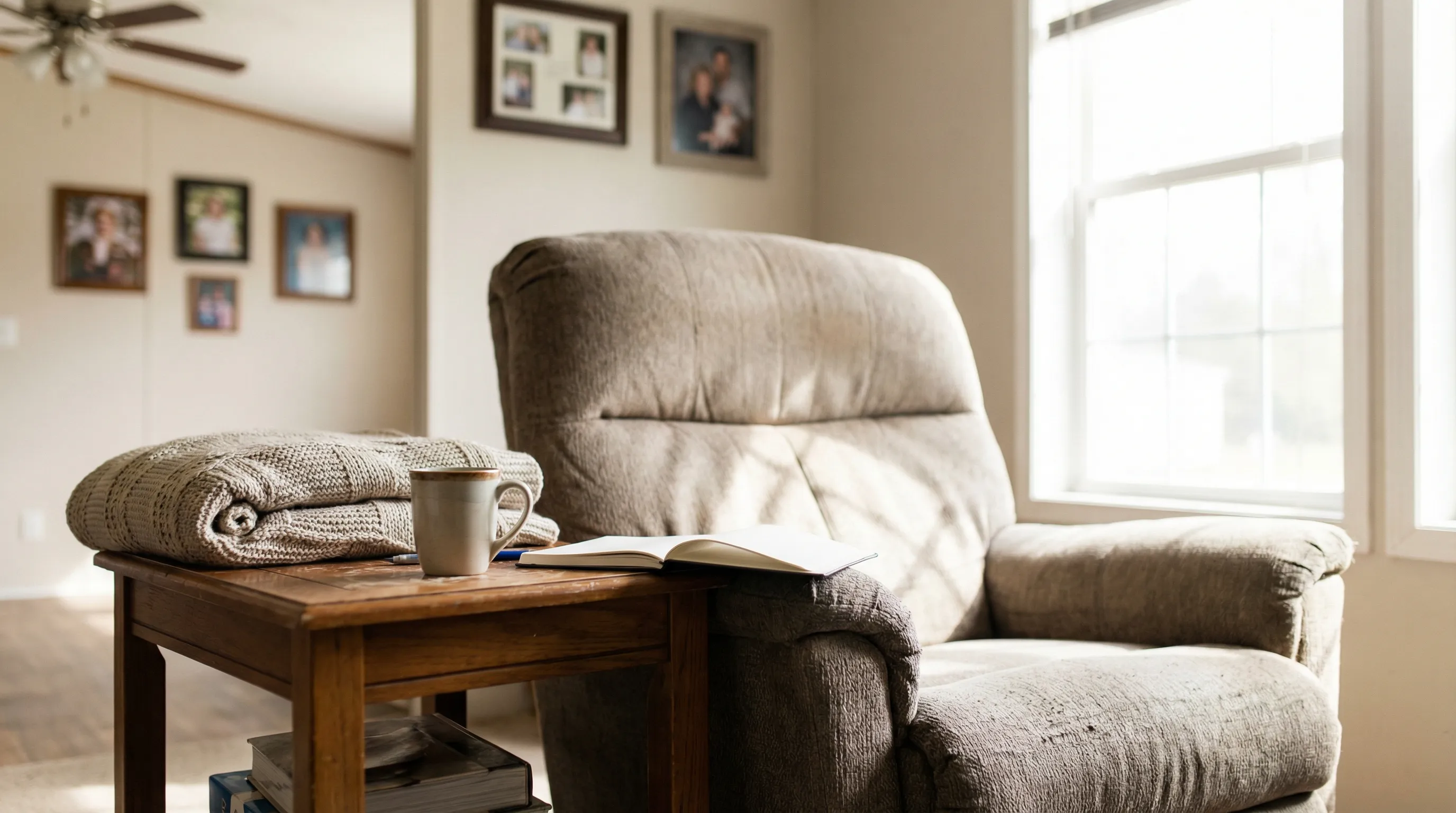Compassionate home caregiver sitting beside an elderly Mobile, AL resident on a warm Southern front porch