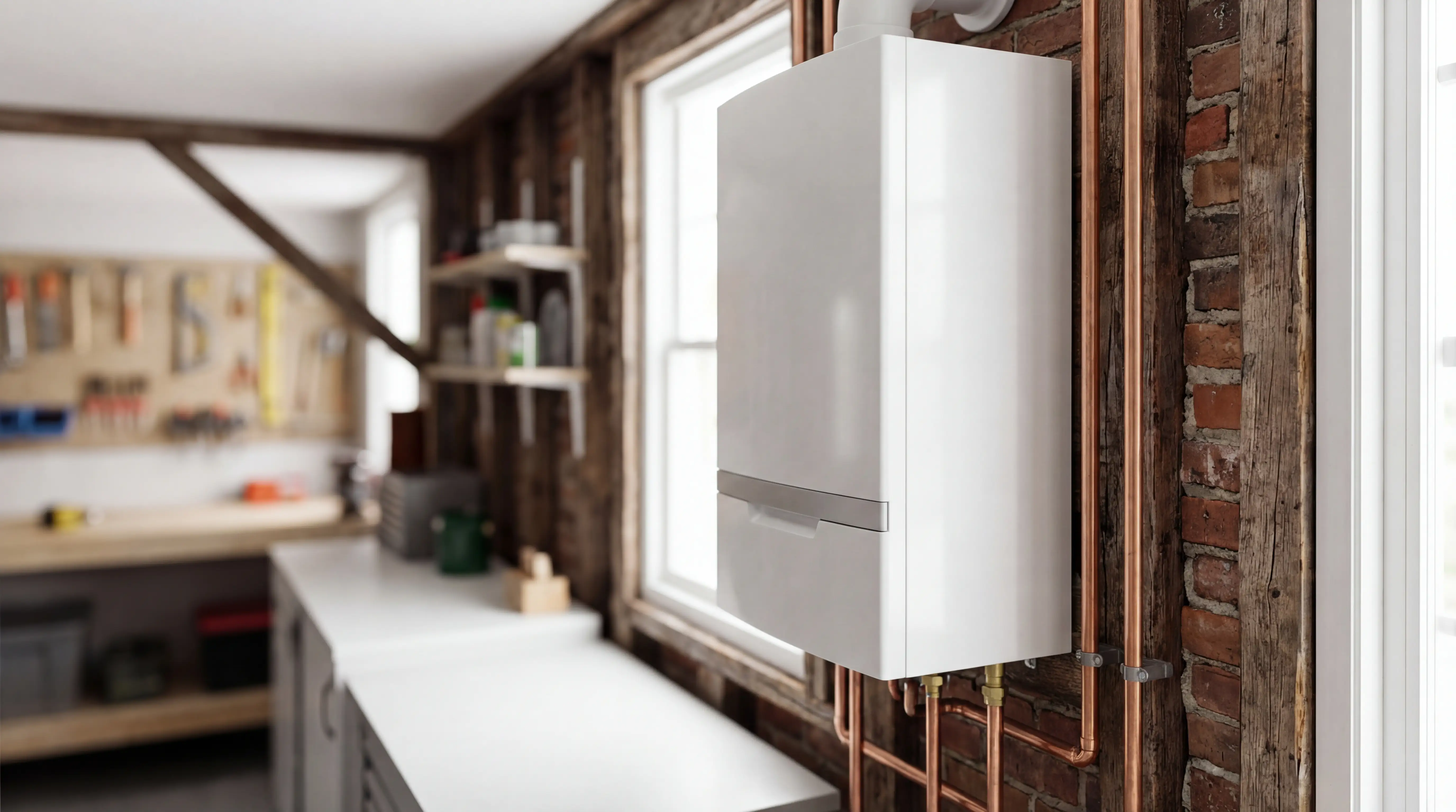 Professional HVAC technician servicing a heating system in a historic Providence, RI triple-decker home