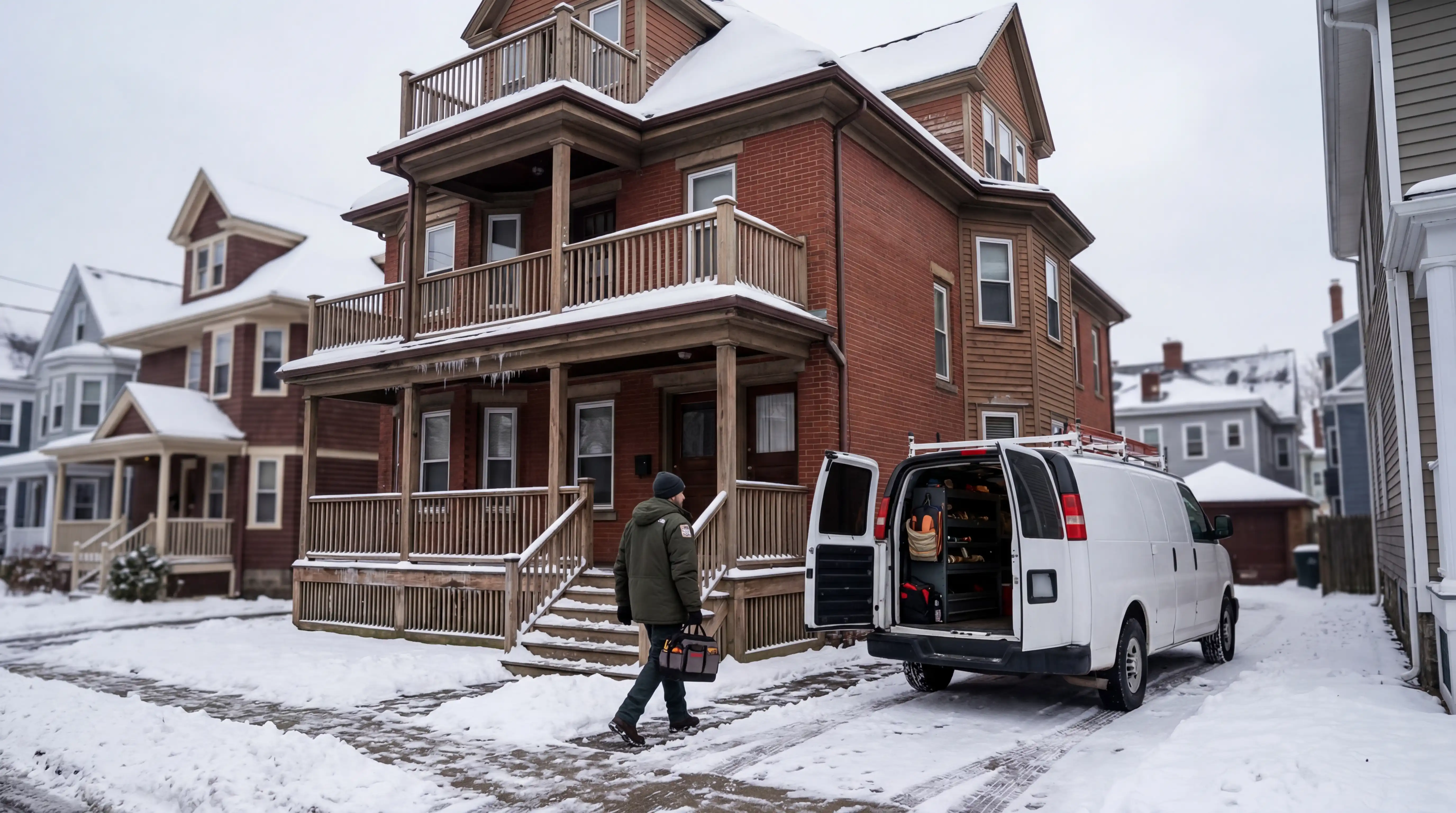 Professional HVAC technician servicing a heating system in a historic Providence, RI triple-decker home