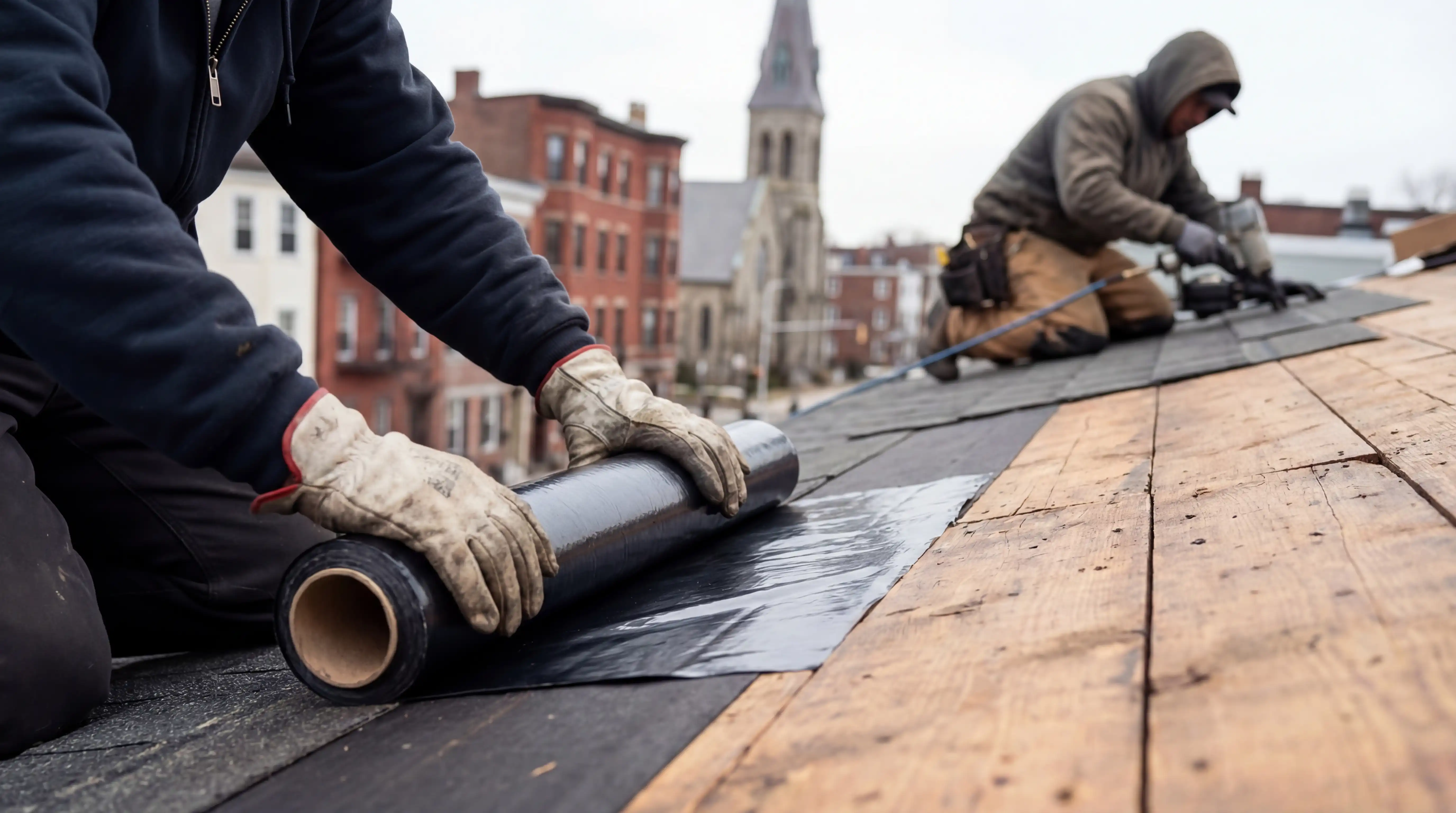 Professional roofer installing shingles on a historic Providence, RI residential home in early spring