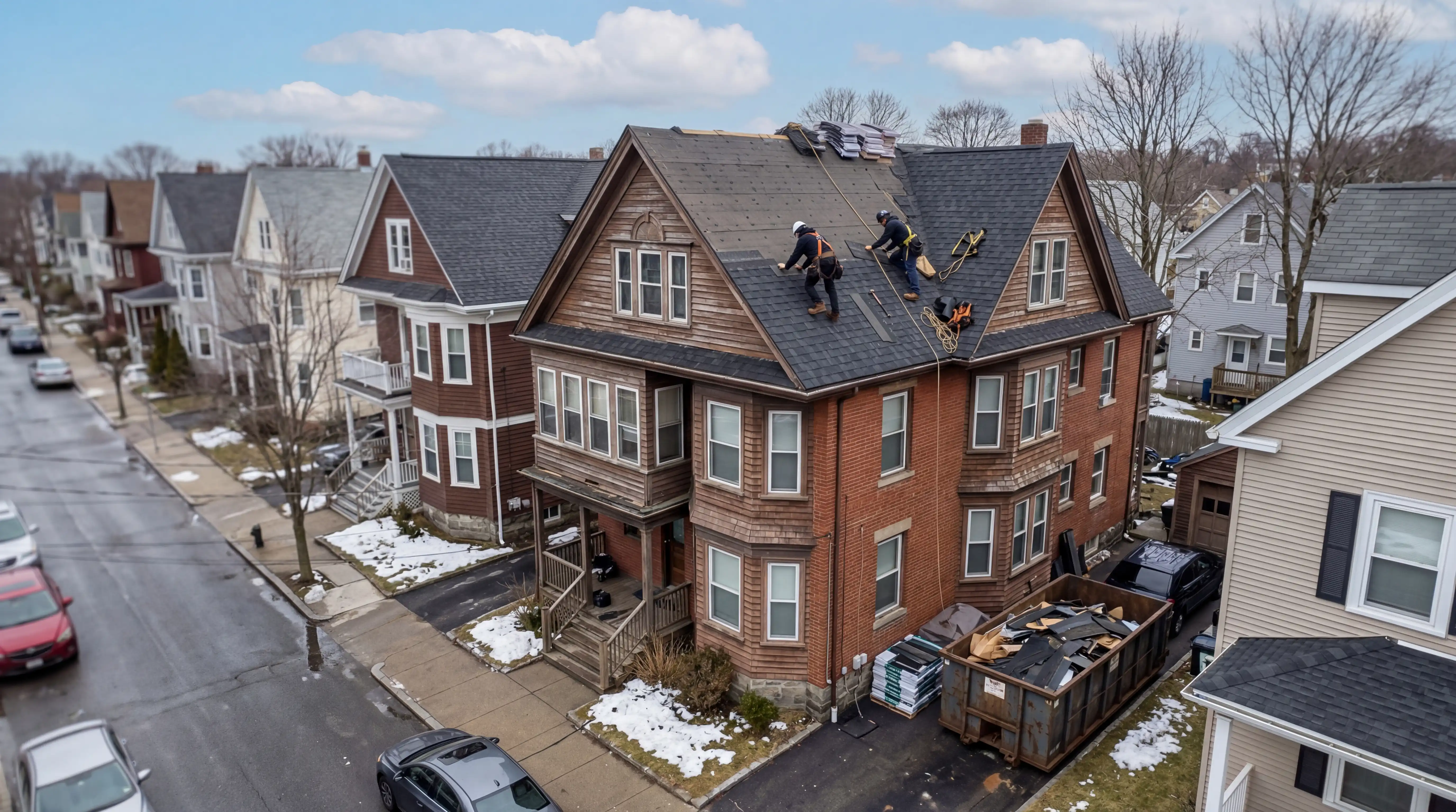 Professional roofer installing shingles on a historic Providence, RI residential home in early spring