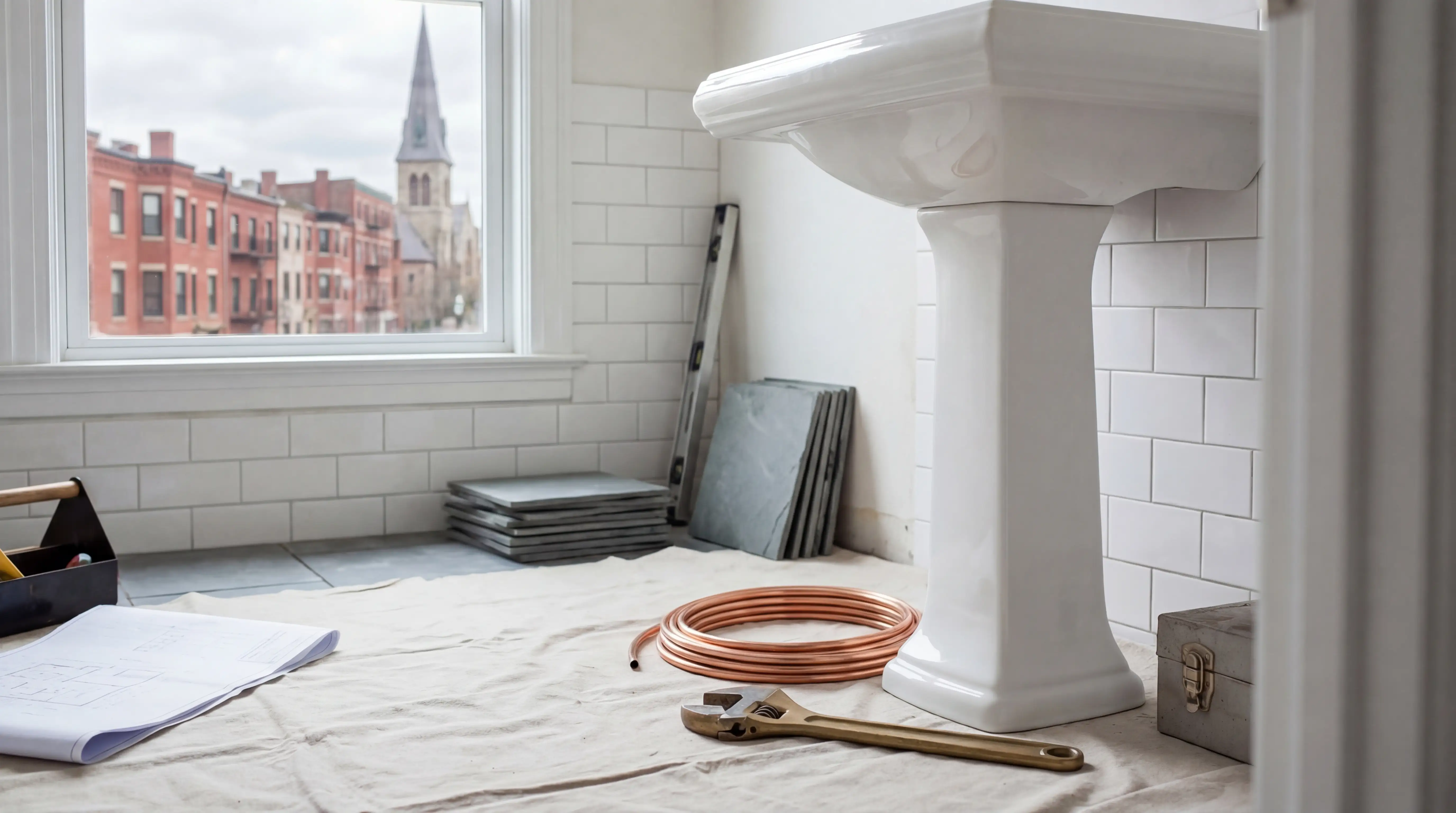 Licensed plumber connecting copper pipes in a Providence, RI historic home renovation