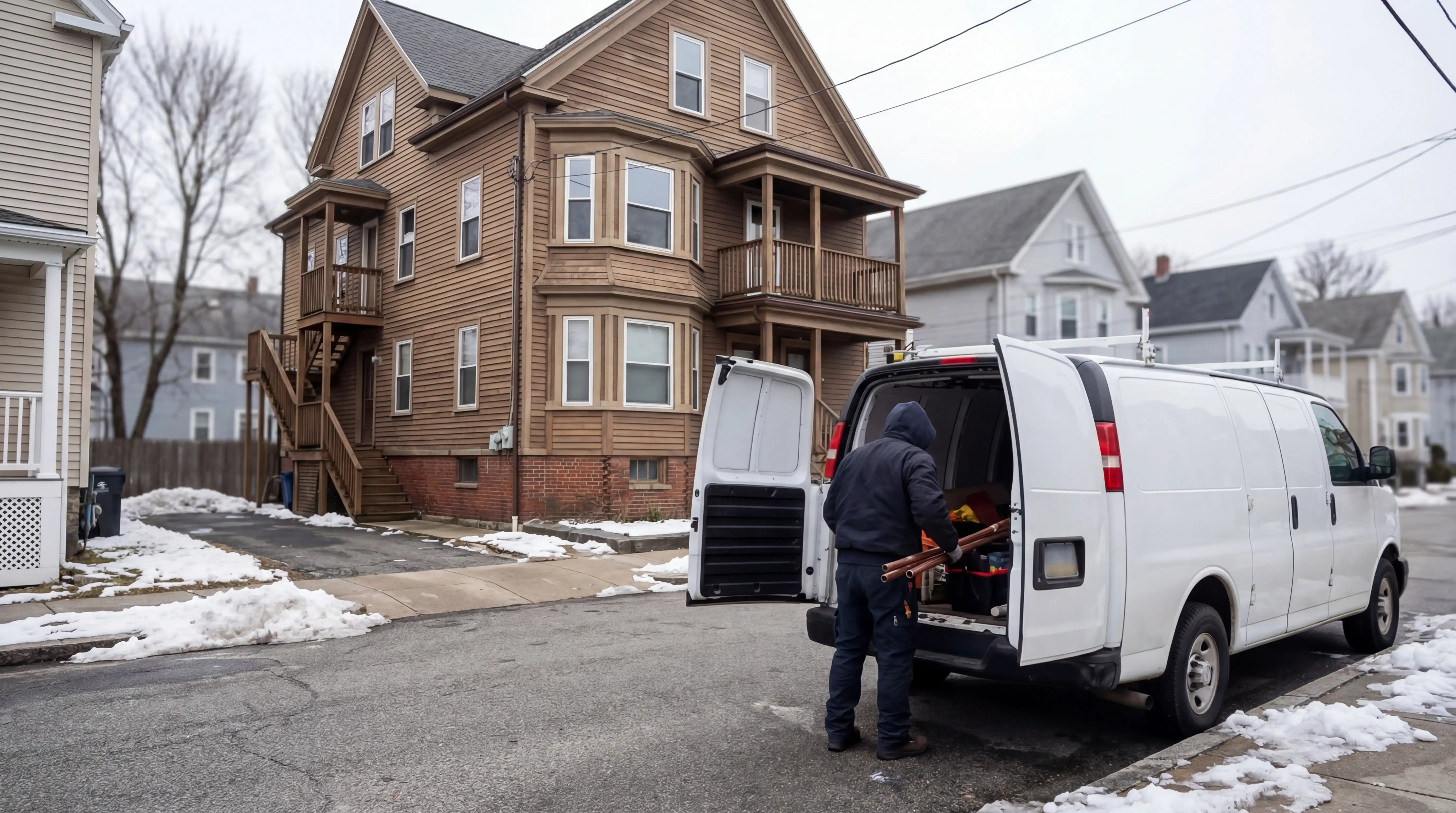 Licensed plumber connecting copper pipes in a Providence, RI historic home renovation