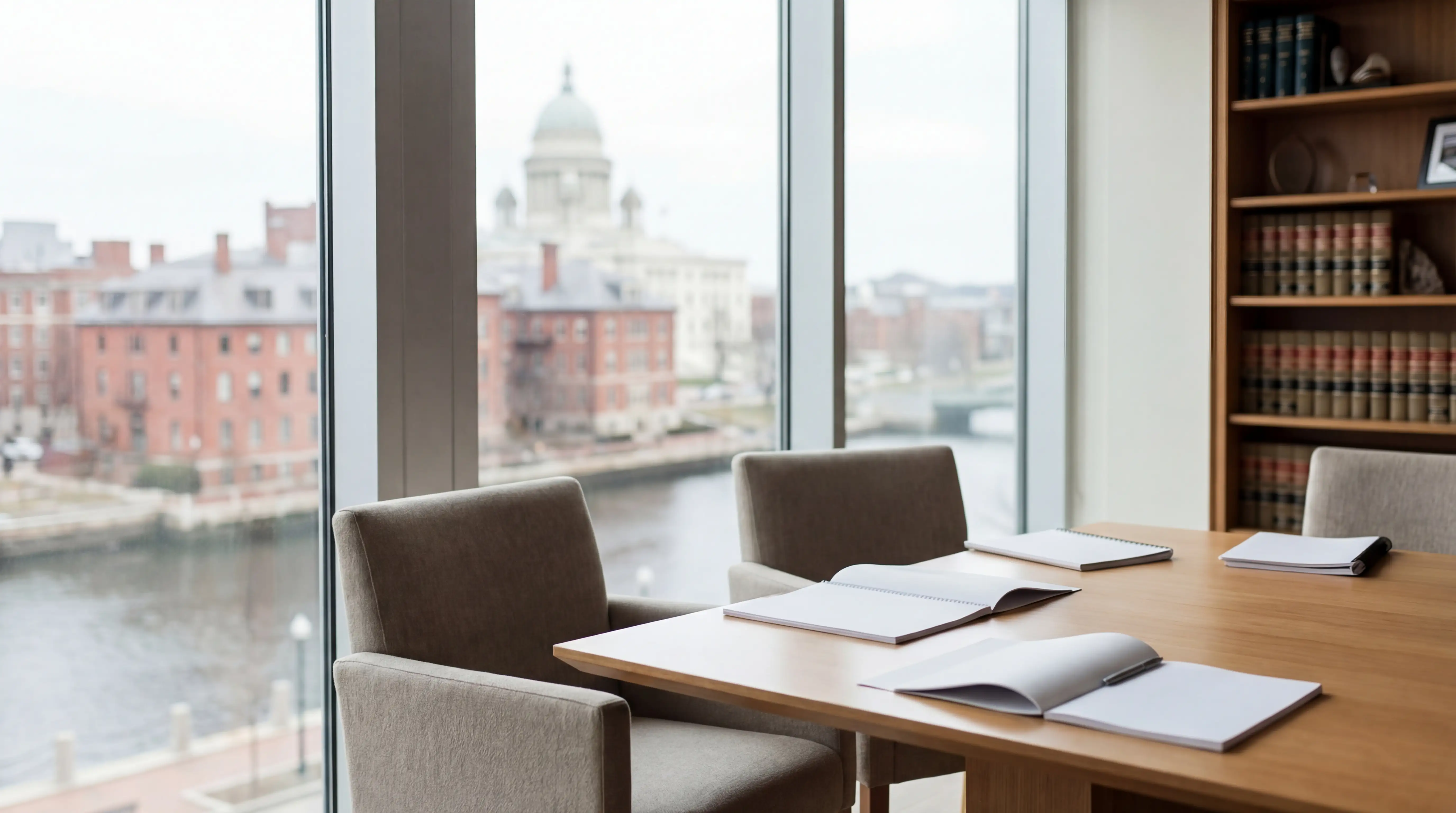 Professional attorney consultation room in Providence, RI with view of State House dome through office window