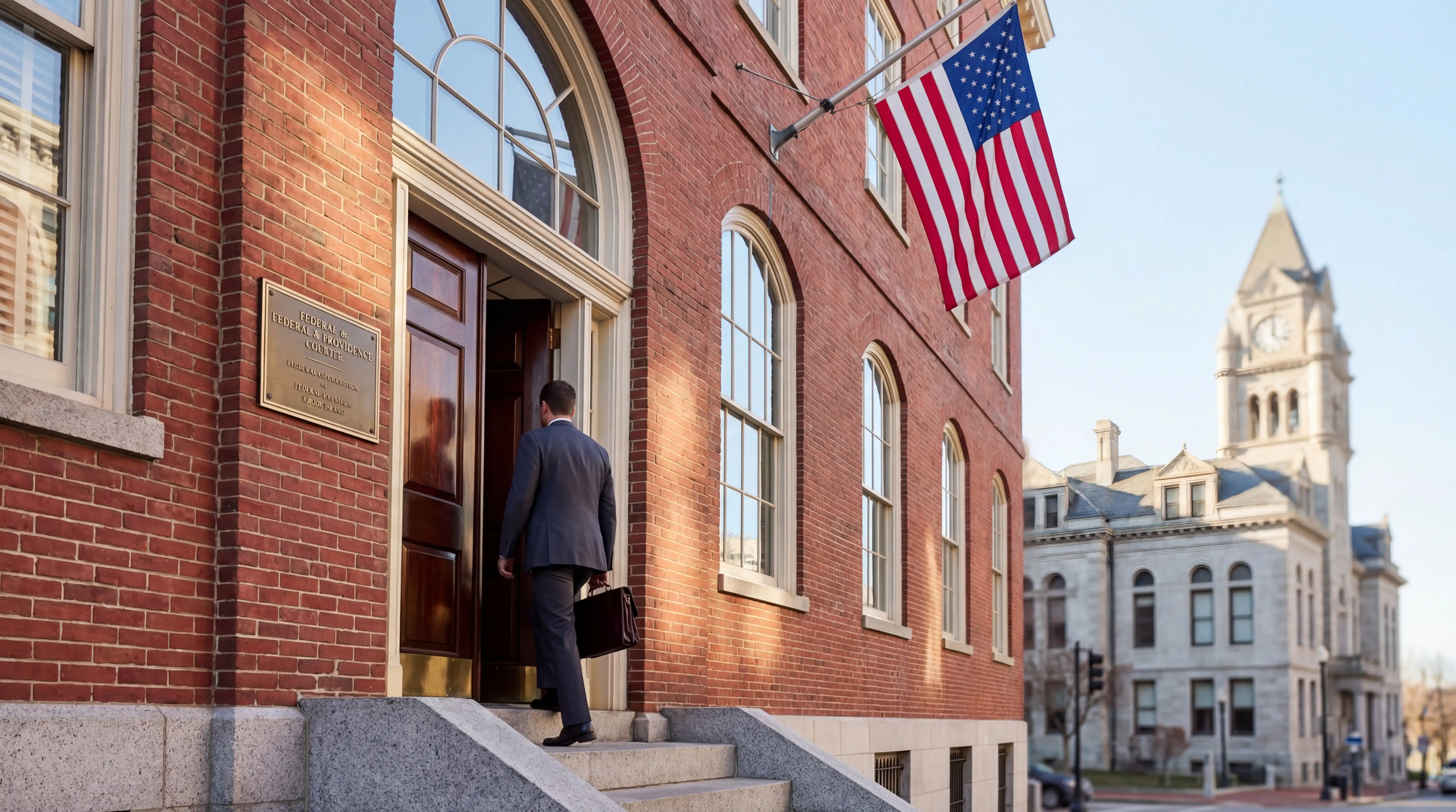 Professional attorney consultation room in Providence, RI with view of State House dome through office window