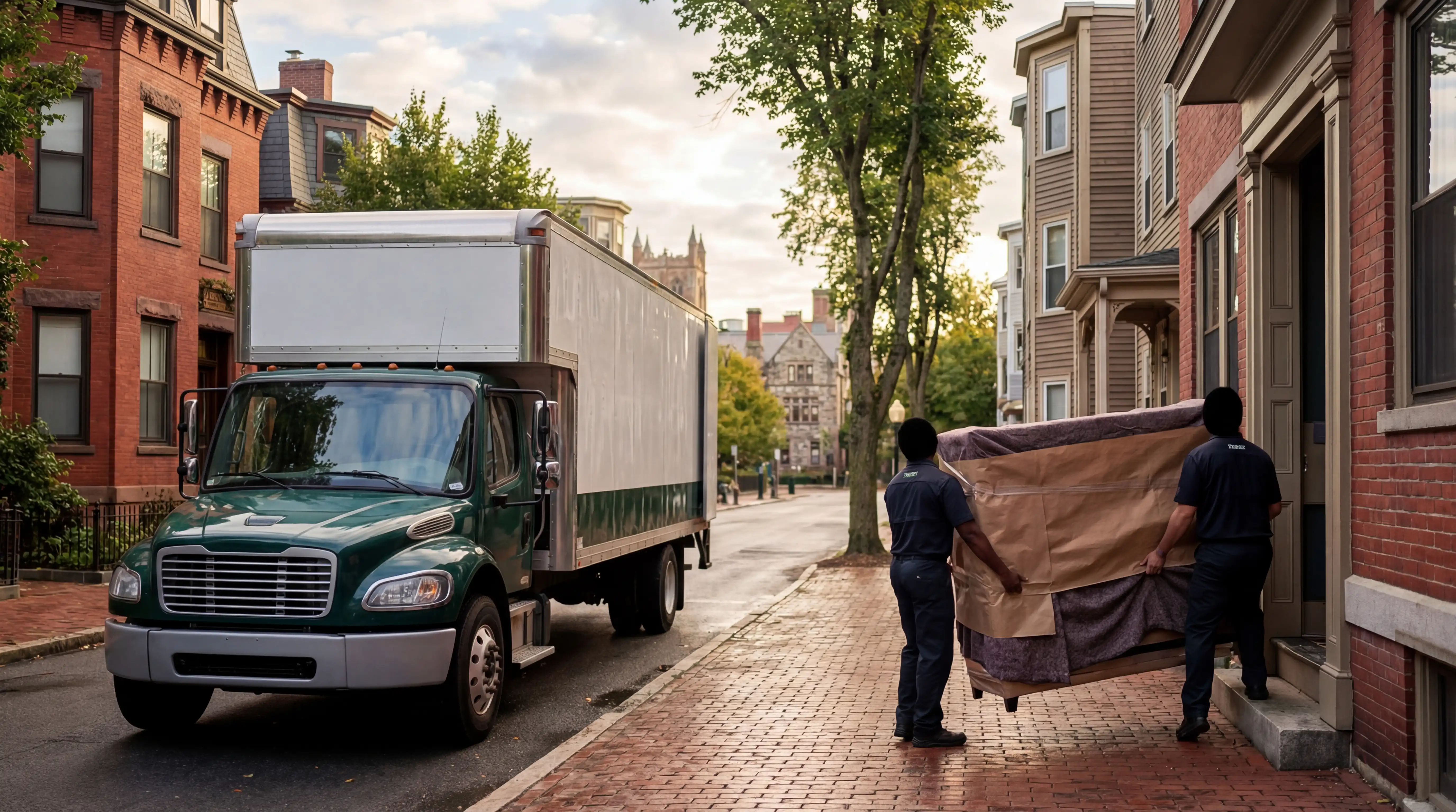 Two professional movers in branded uniforms carefully moving wrapped furniture through a Victorian East Side Providence home doorway on a sunny morning