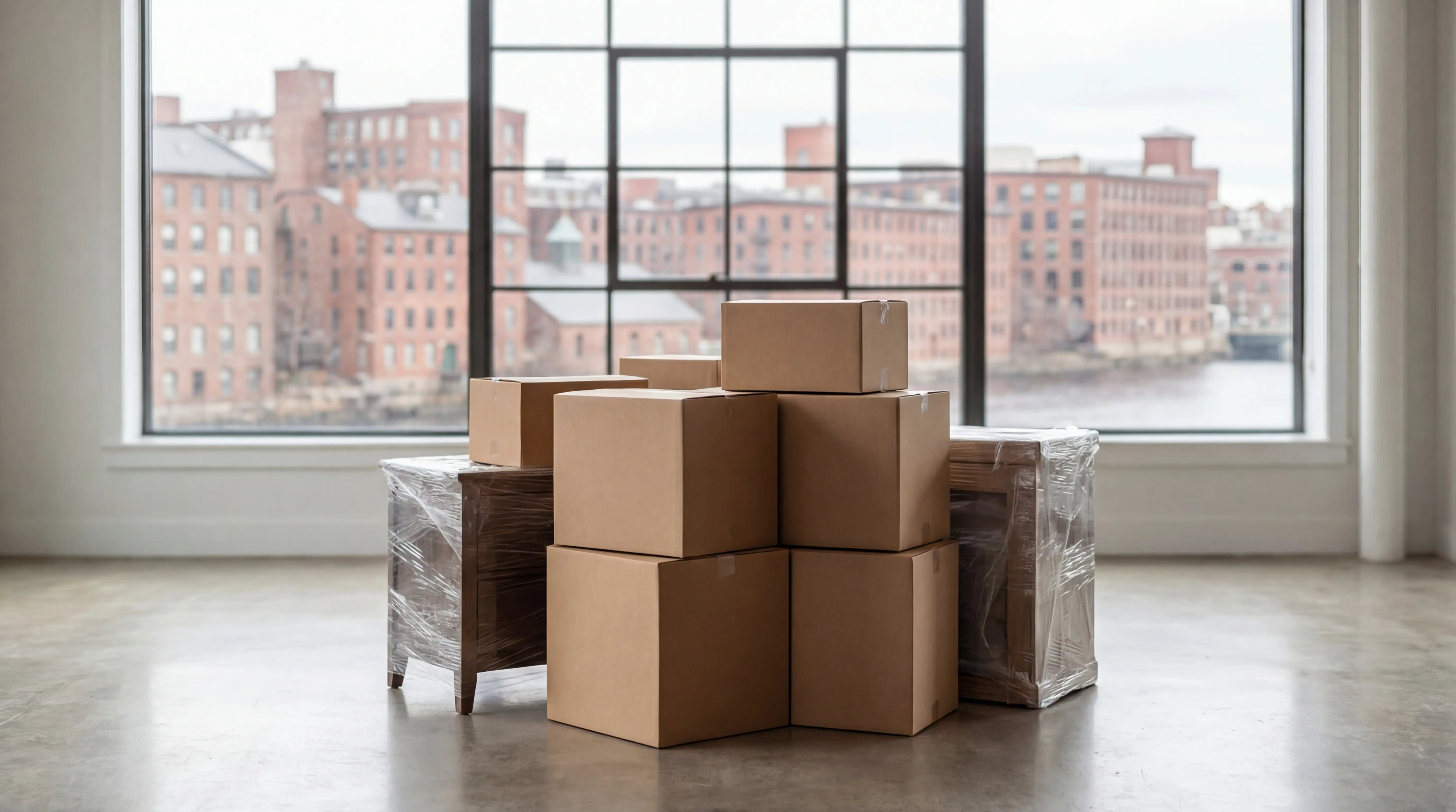 Two professional movers in branded uniforms carefully moving wrapped furniture through a Victorian East Side Providence home doorway on a sunny morning