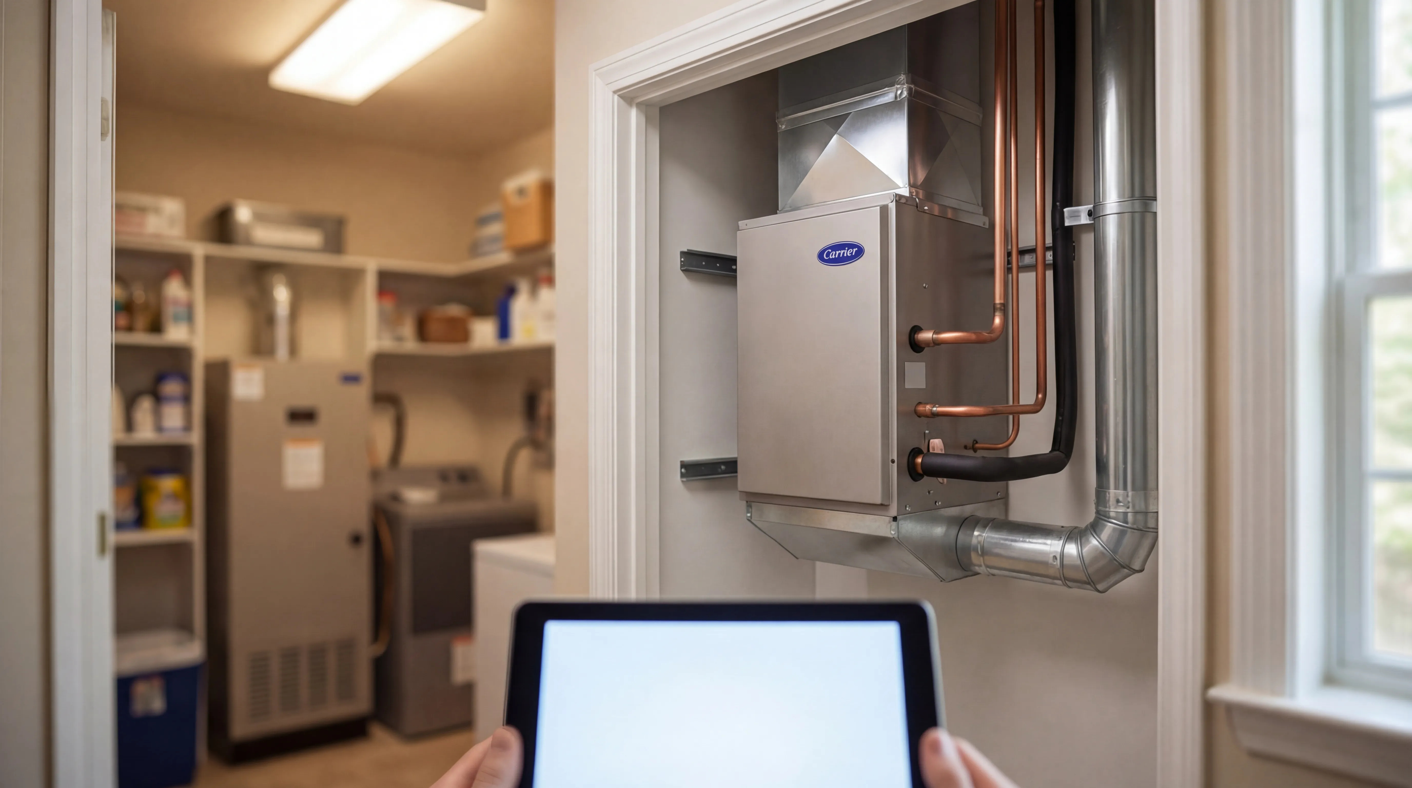 Professional HVAC technician servicing a heat pump condenser unit outside a ranch home in Newport News, VA