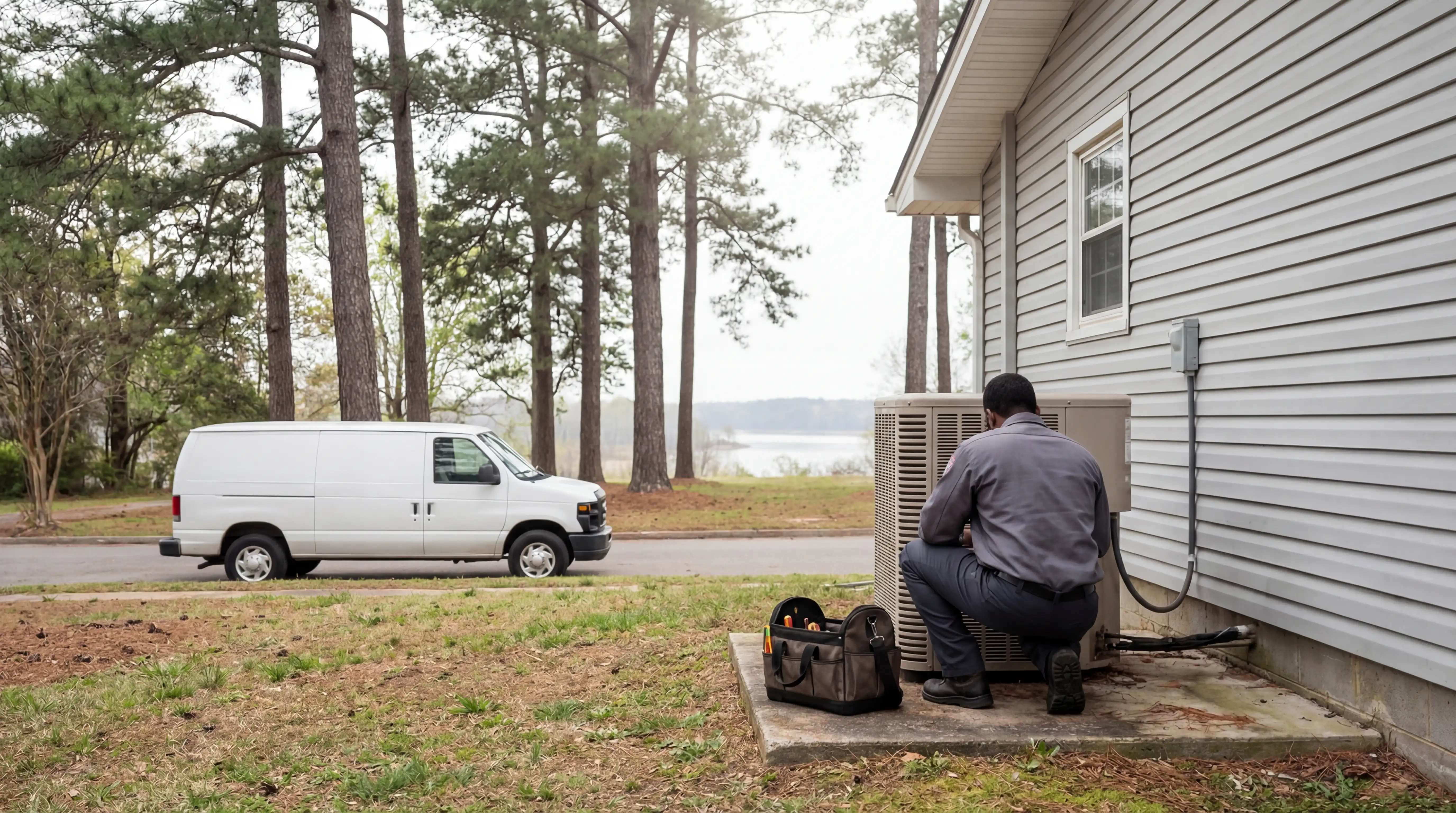 Professional HVAC technician servicing a heat pump condenser unit outside a ranch home in Newport News, VA