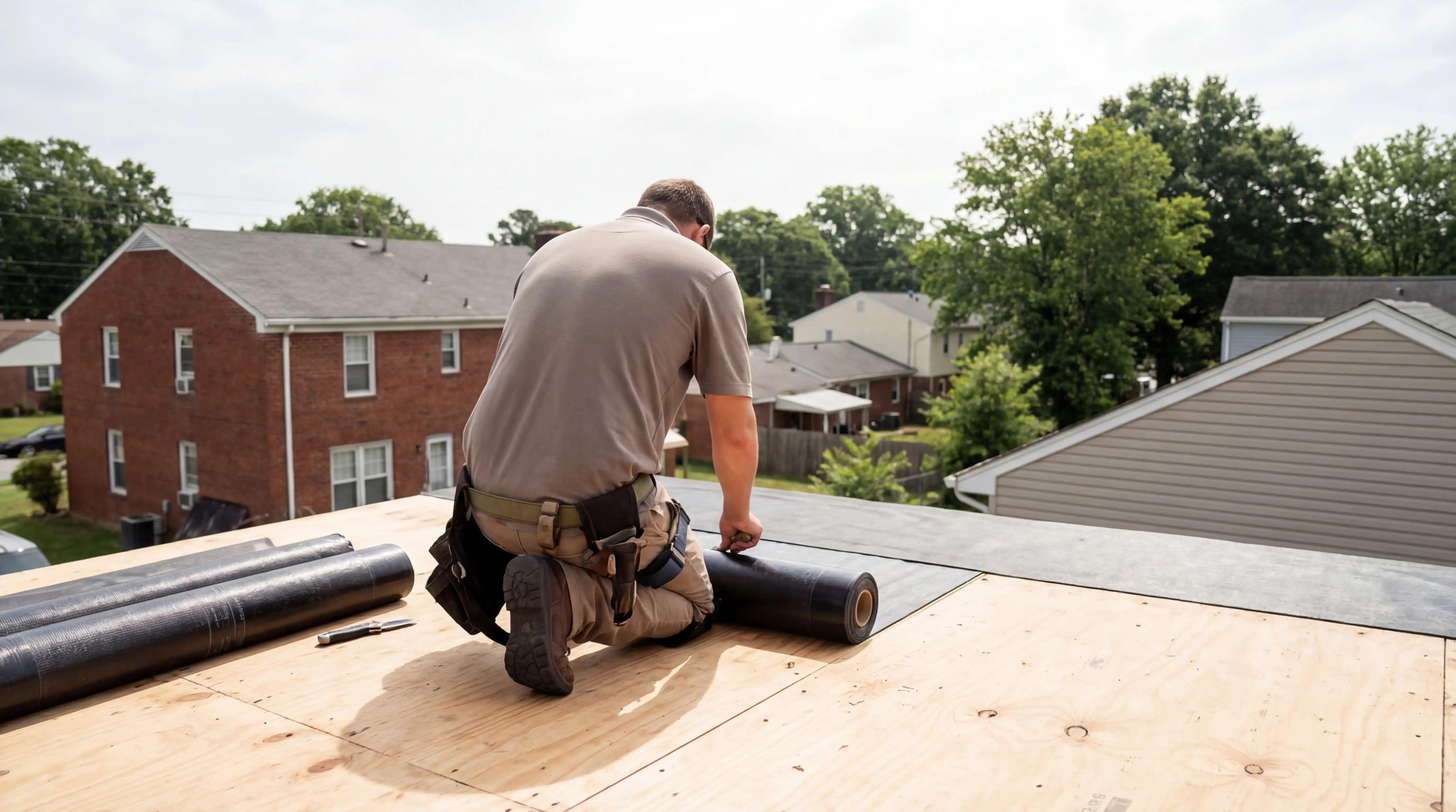Professional roofing crew installing architectural shingles on a 1970s ranch home in Newport News, VA