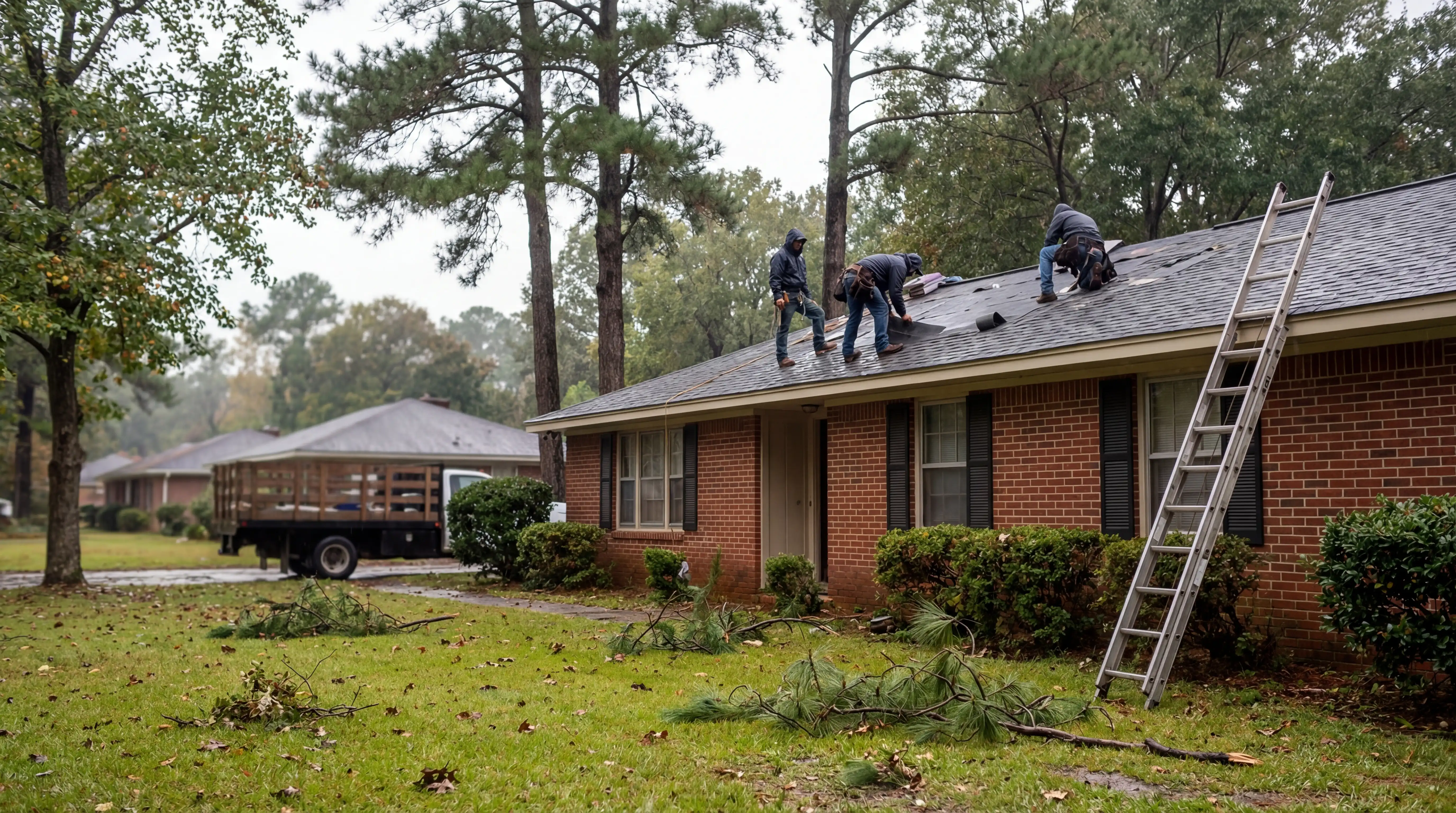 Professional roofing crew installing architectural shingles on a 1970s ranch home in Newport News, VA