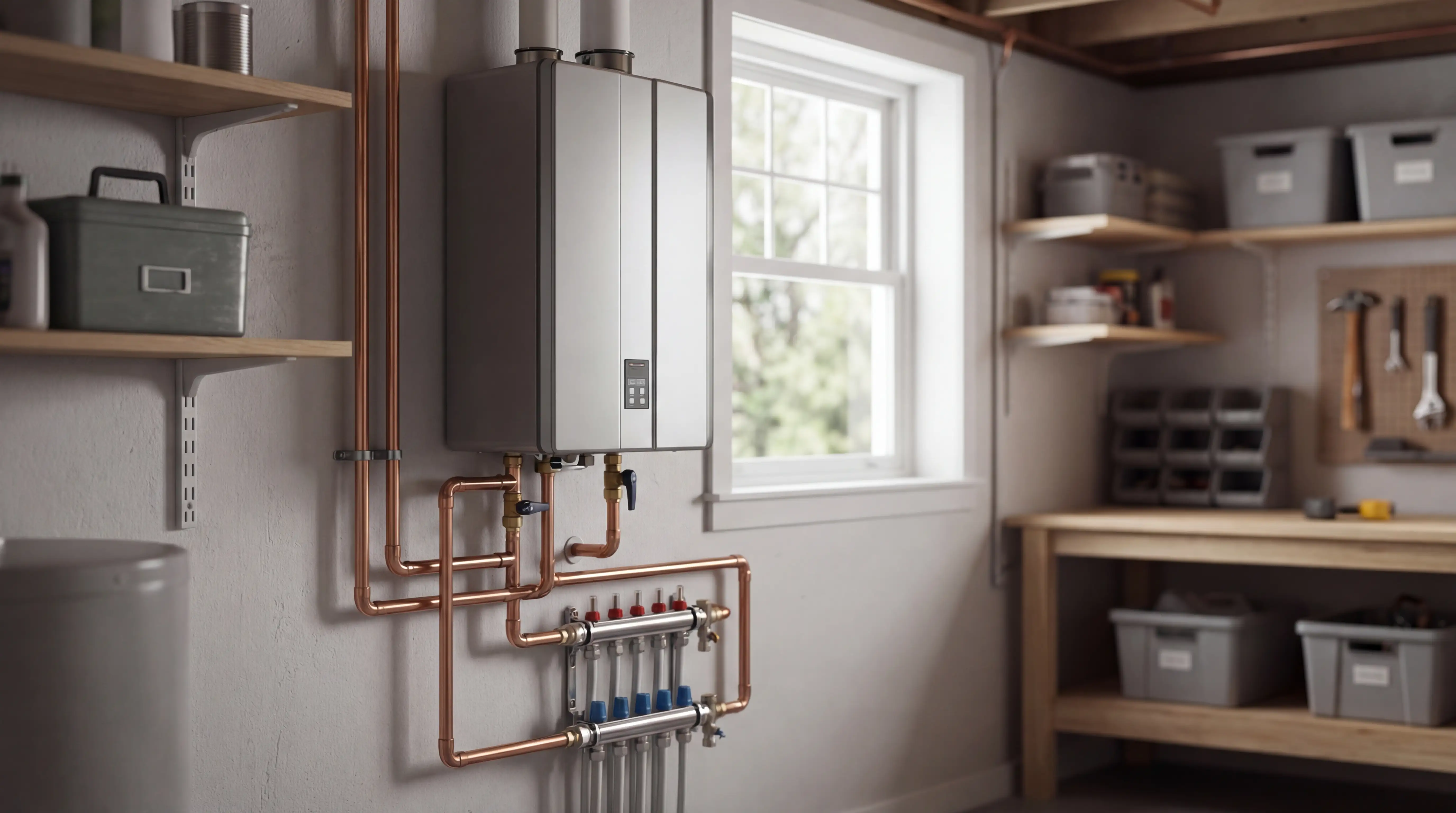 Professional plumber installing a tankless water heater in a Newport News, VA home utility room