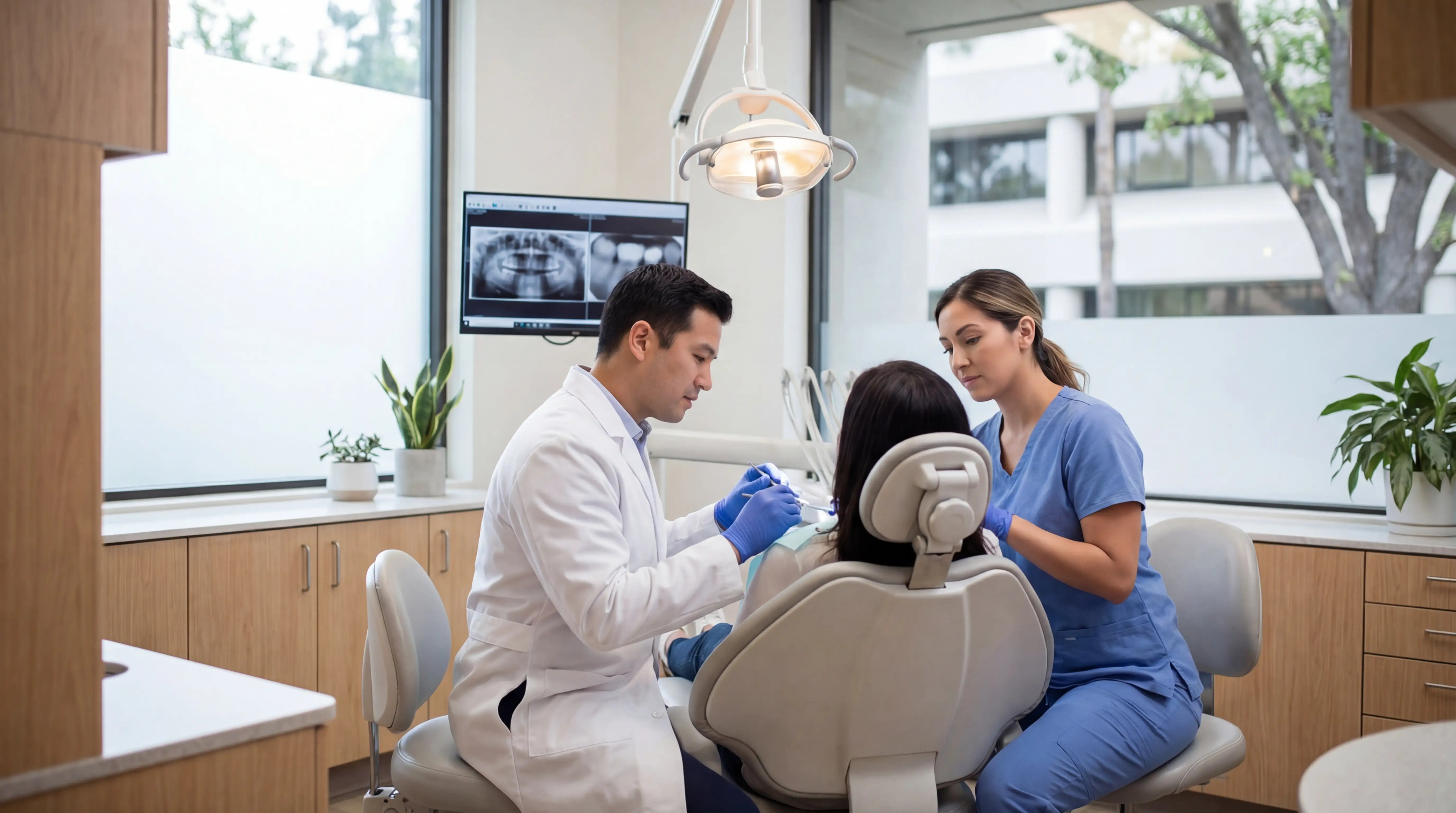 Dentist examining a patient in a modern dental practice in Newport News, VA with digital X-ray equipment visible